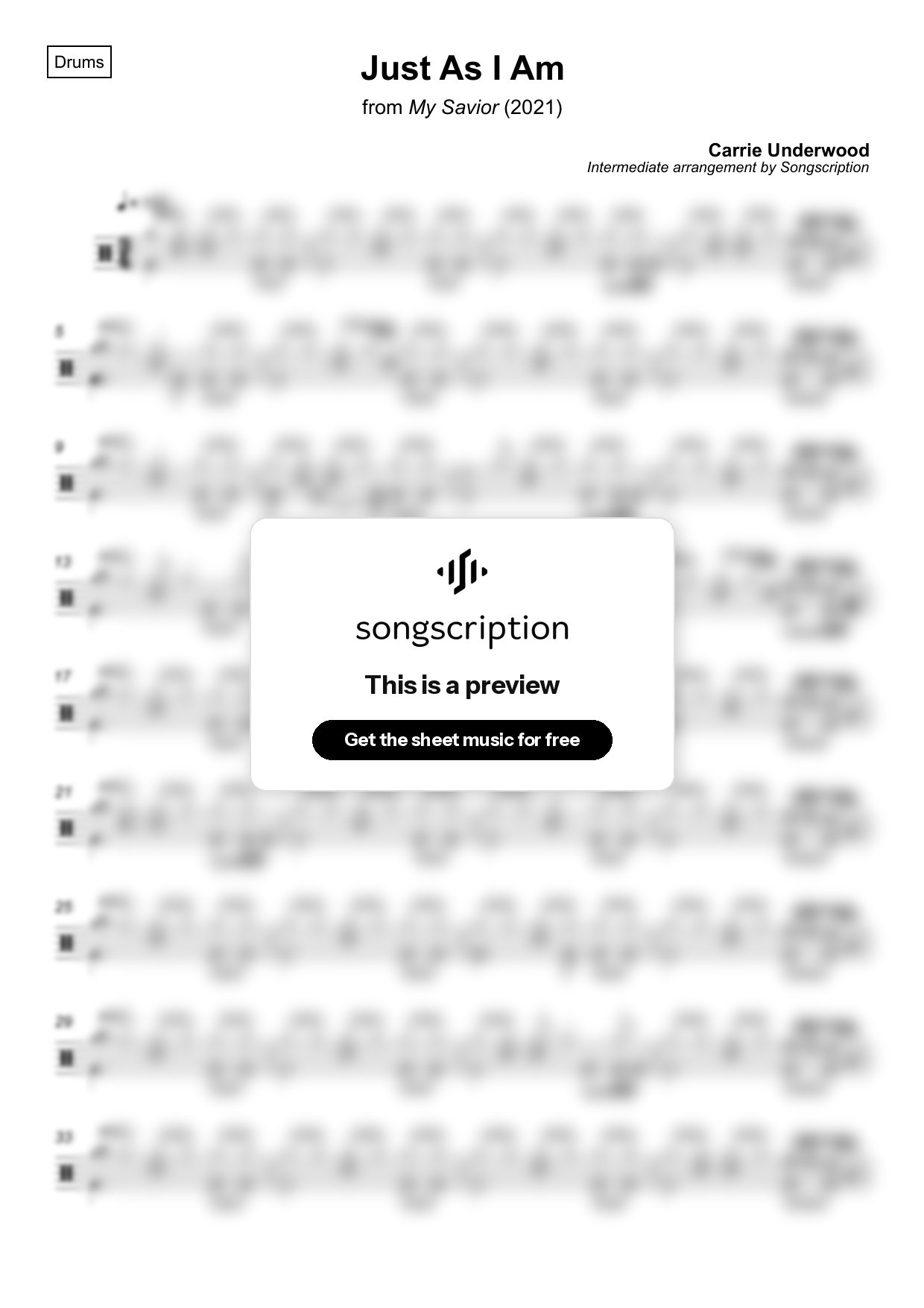 Intermediate Drums Sheet Music for "Just As I Am" by Carrie Underwood