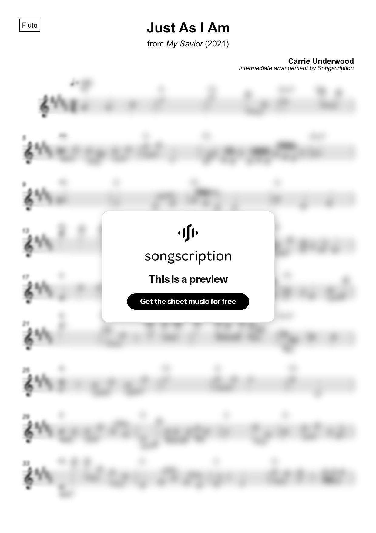 Intermediate Flute Sheet Music for "Just As I Am" by Carrie Underwood