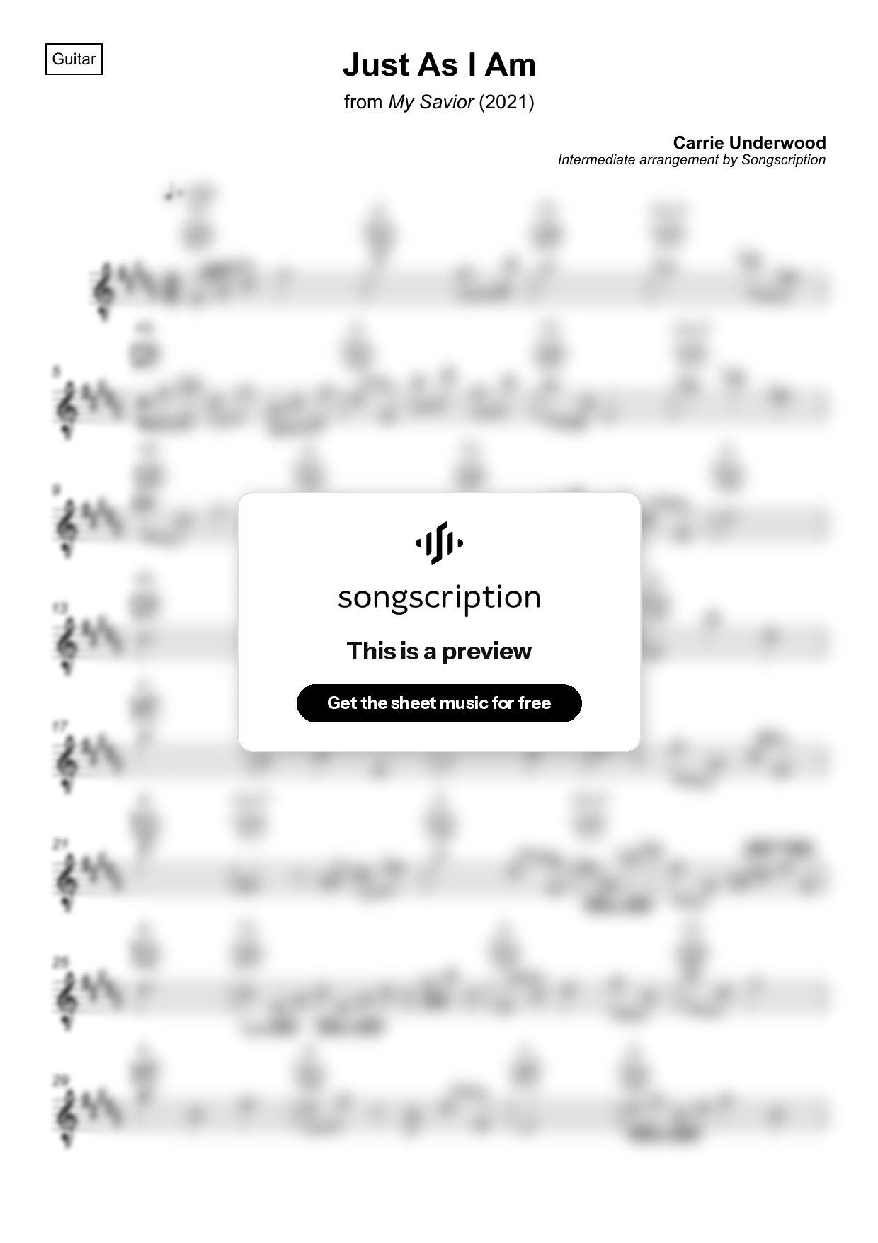 Intermediate Acoustic Guitar Sheet Music for "Just As I Am" by Carrie Underwood