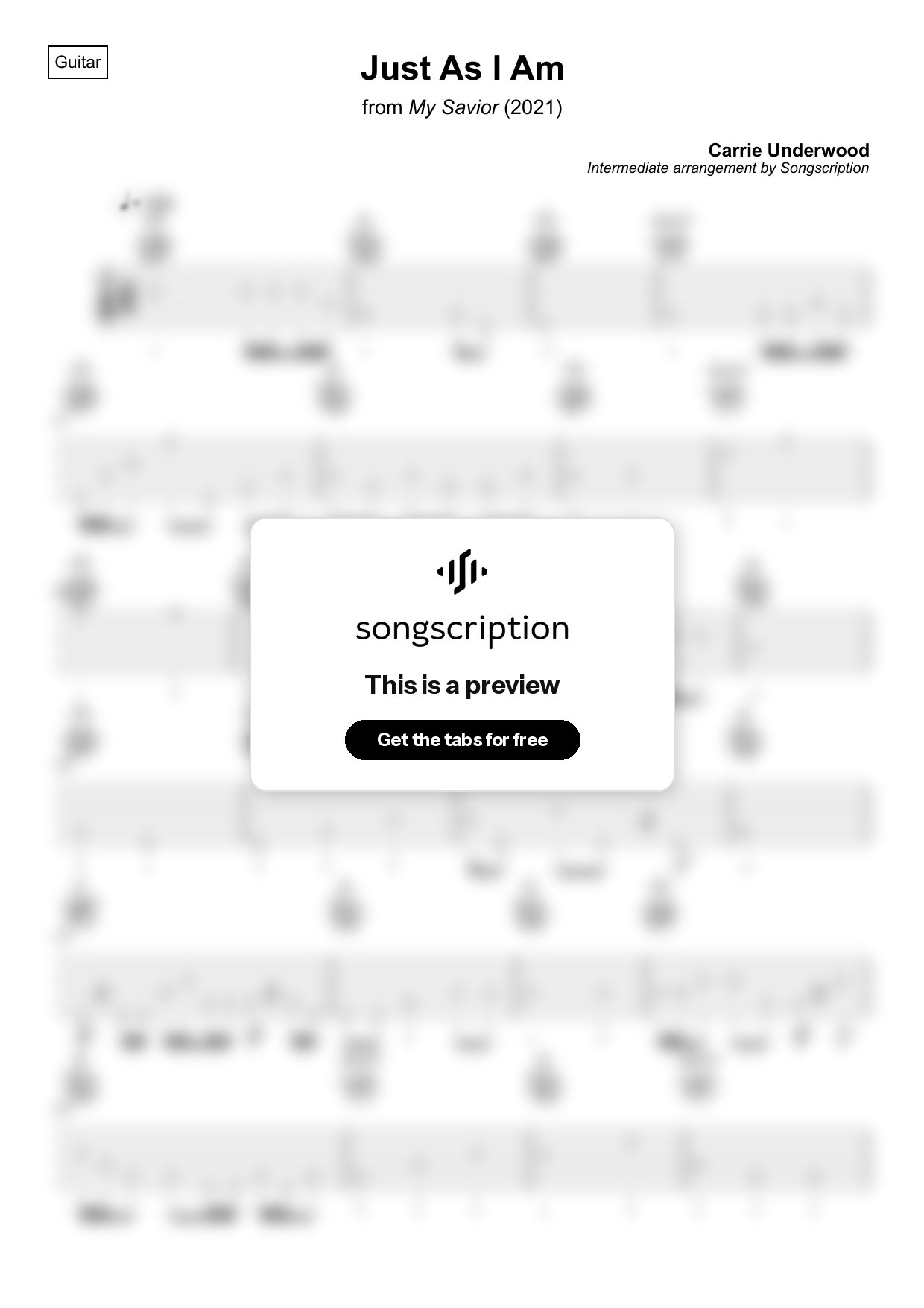 Intermediate Acoustic Guitar Tabs for "Just As I Am" by Carrie Underwood