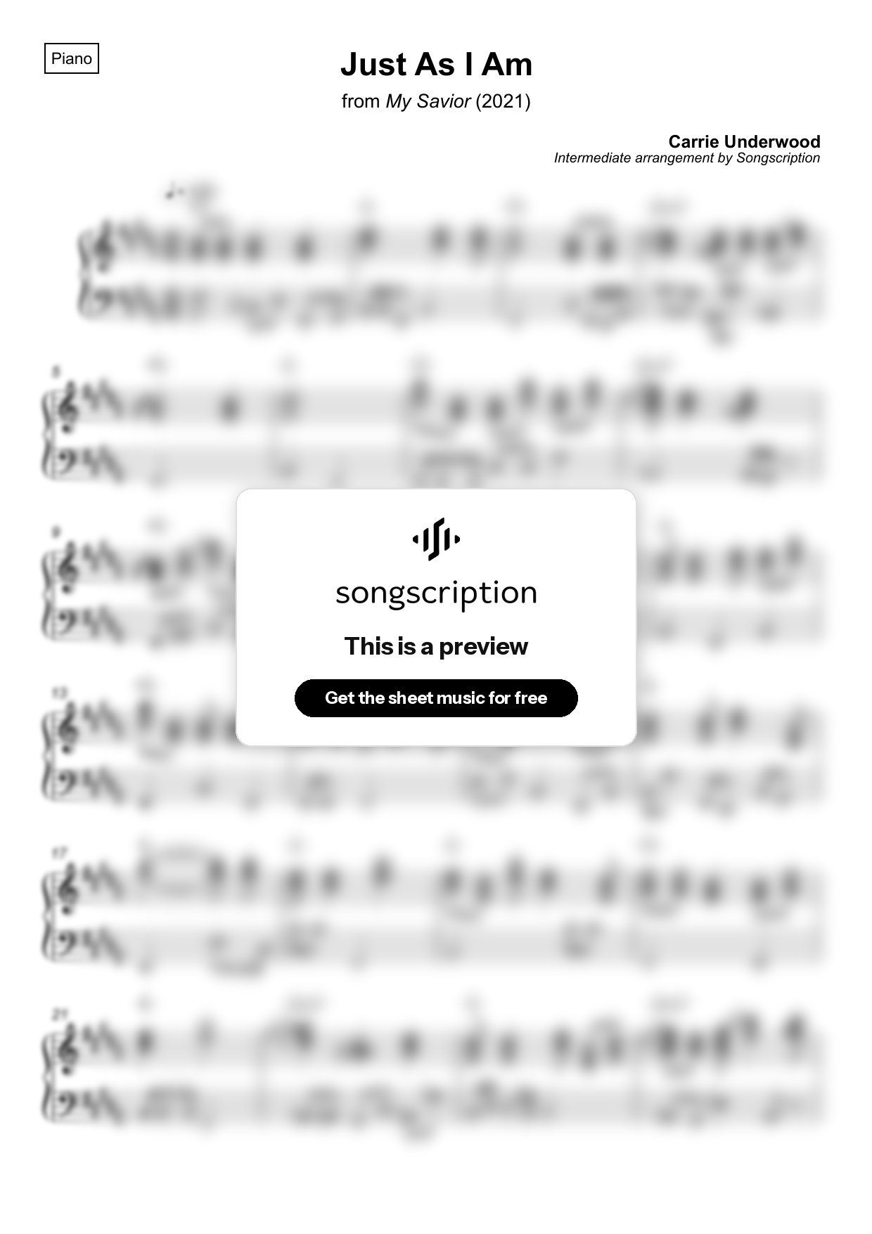 Intermediate Piano Sheet Music for "Just As I Am" by Carrie Underwood