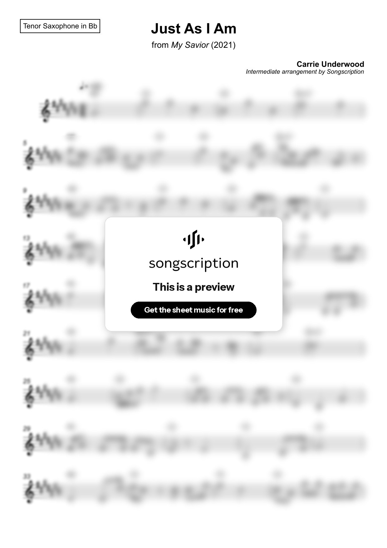 Intermediate Tenor Sax Sheet Music for "Just As I Am" by Carrie Underwood