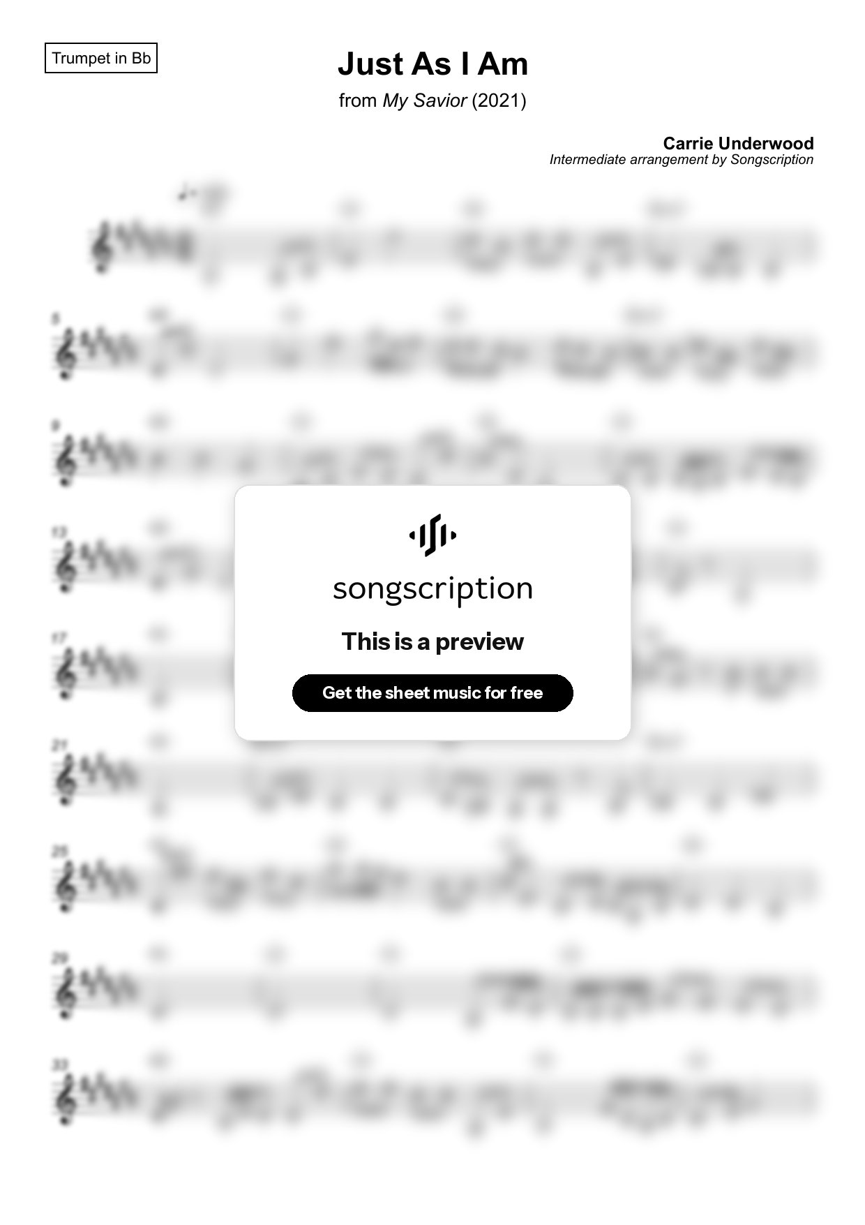 Intermediate Trumpet Sheet Music for "Just As I Am" by Carrie Underwood