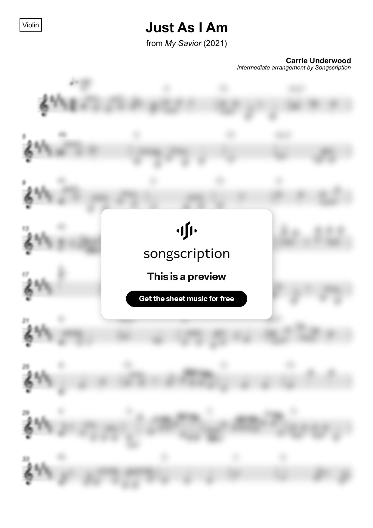 Intermediate Violin Sheet Music for "Just As I Am" by Carrie Underwood