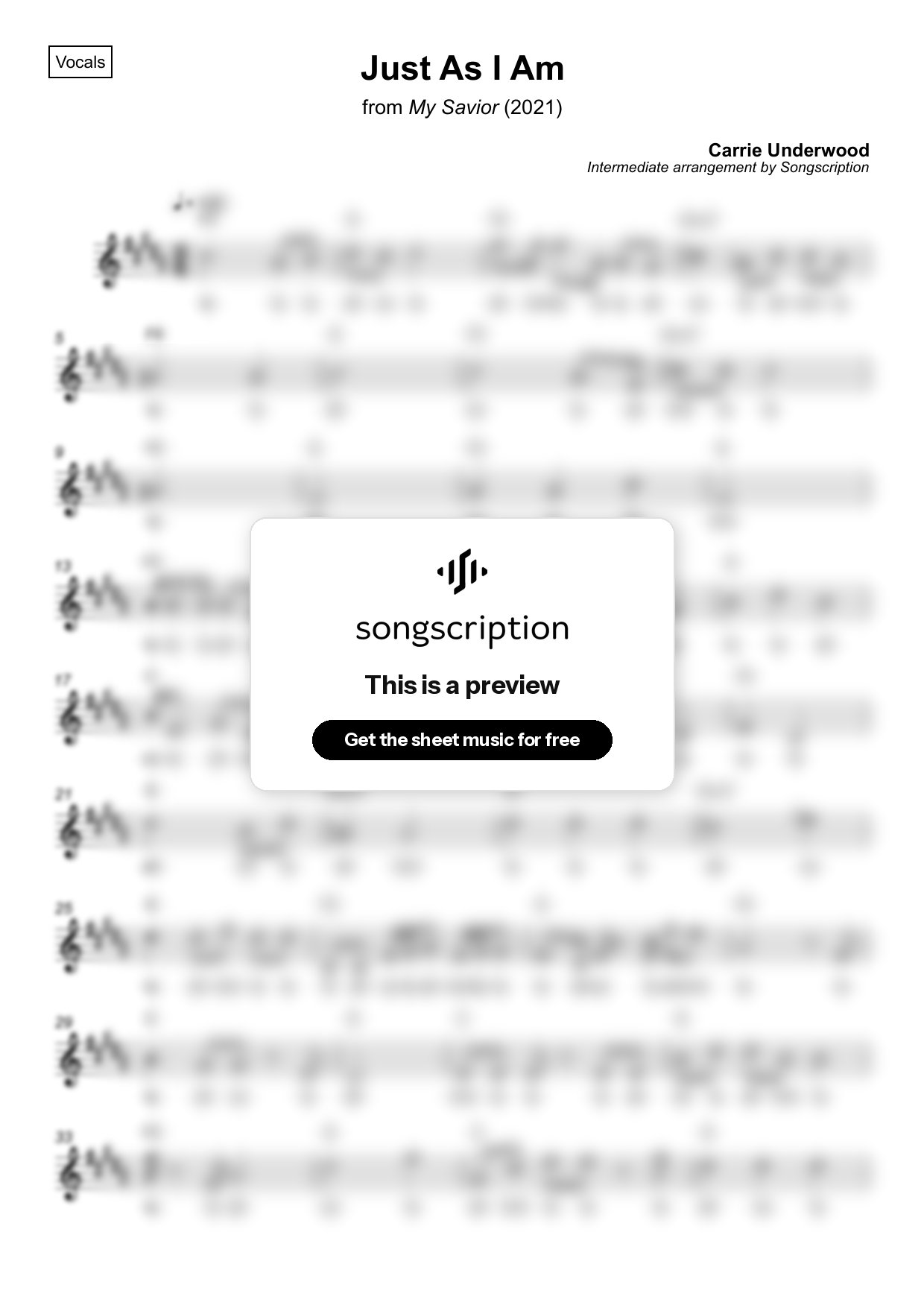 Intermediate Vocals Sheet Music for "Just As I Am" by Carrie Underwood
