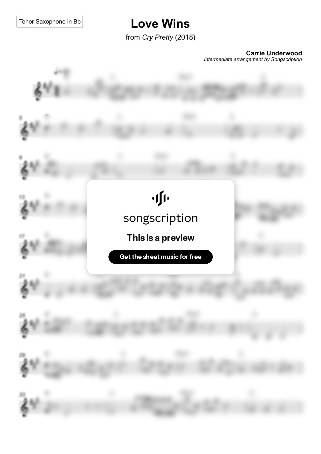 Intermediate Tenor Sax Sheet Music for "Love Wins" by Carrie Underwood