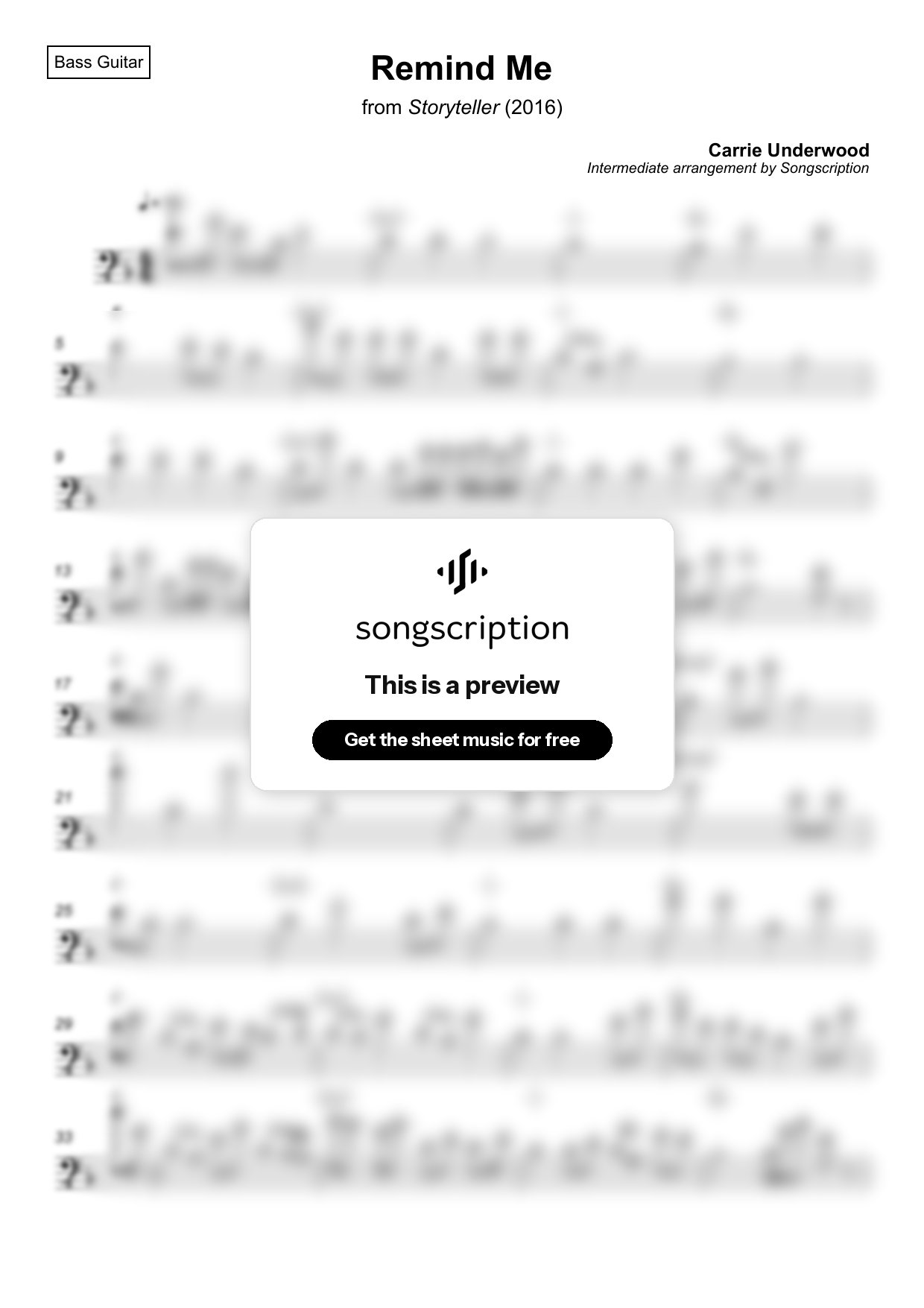 Intermediate Bass Guitar Sheet Music for "Remind Me" by Carrie Underwood