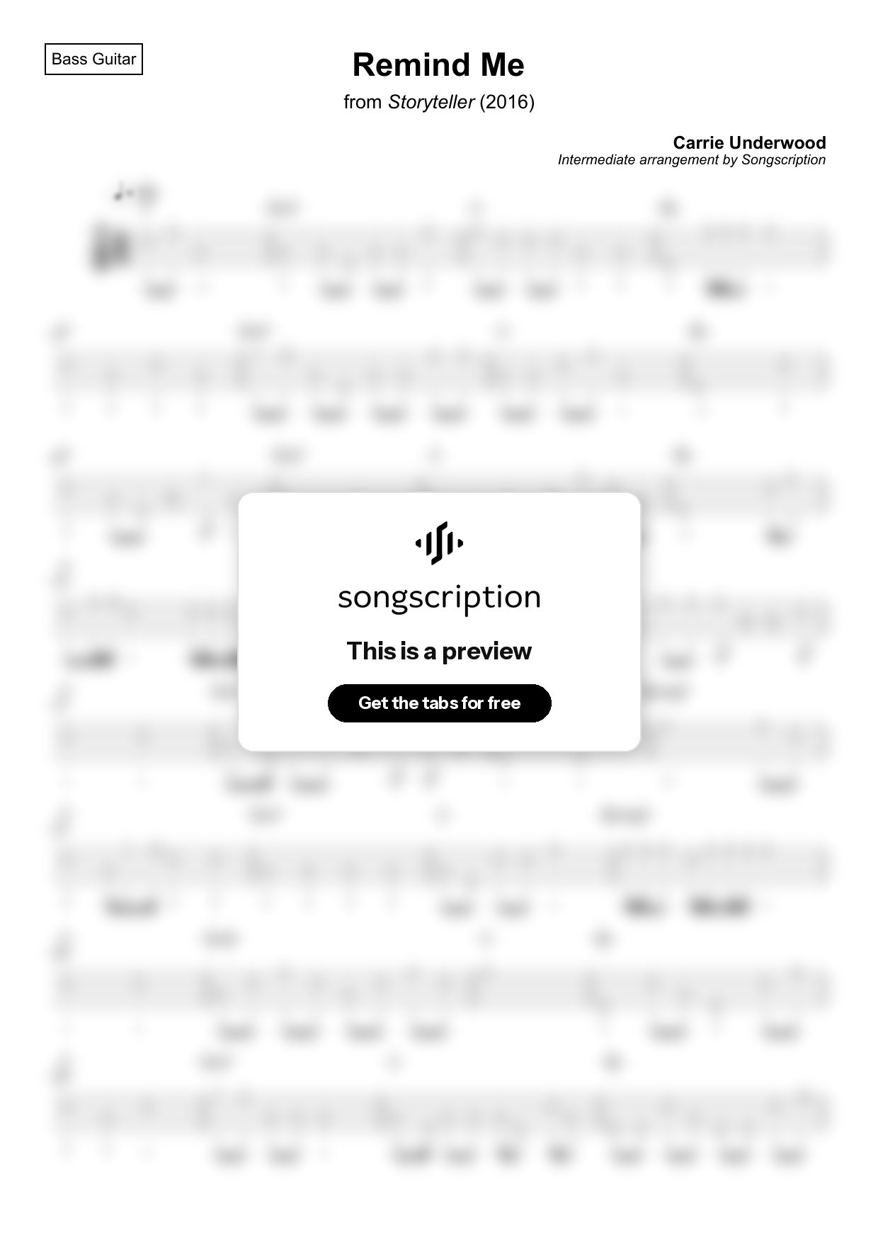 Intermediate Bass Guitar Tabs for "Remind Me" by Carrie Underwood
