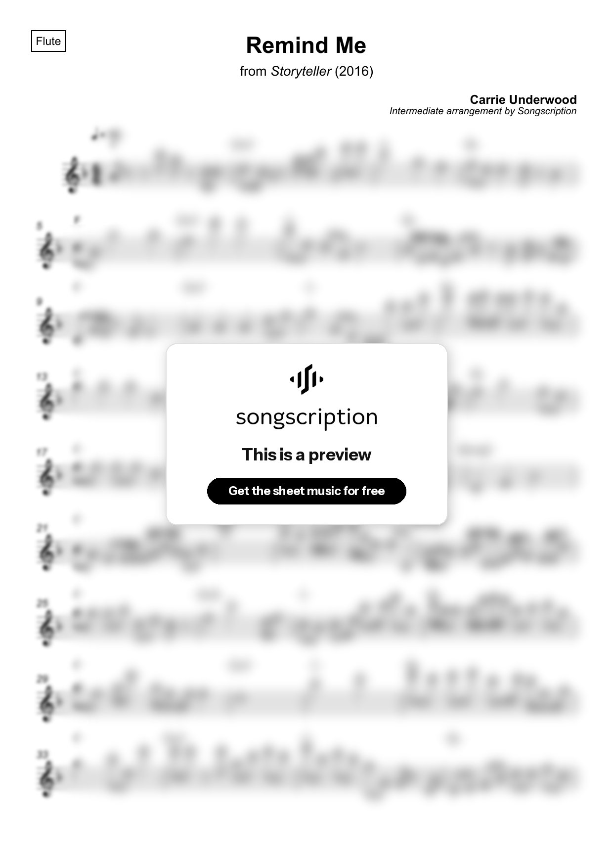 Intermediate Flute Sheet Music for "Remind Me" by Carrie Underwood