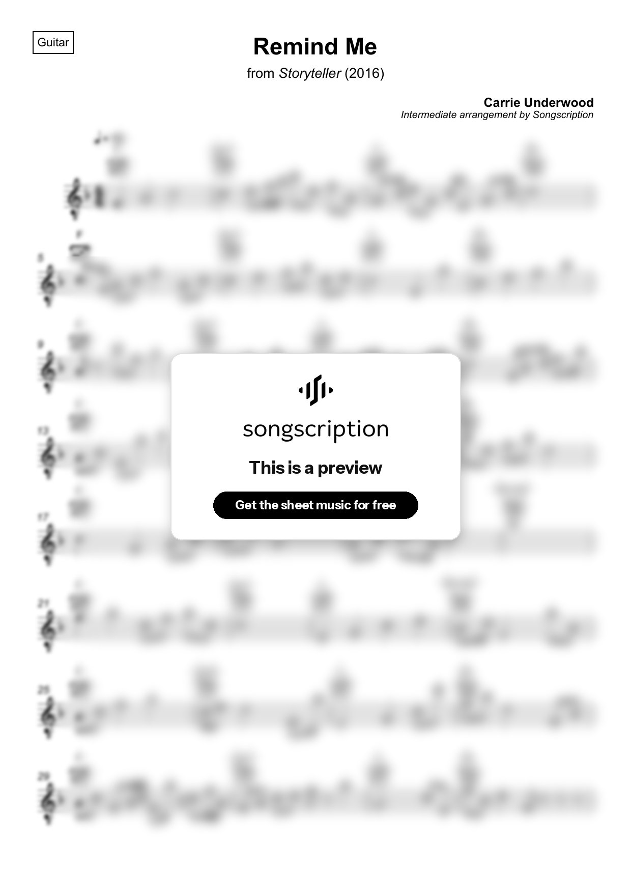 Intermediate Acoustic Guitar Sheet Music for "Remind Me" by Carrie Underwood