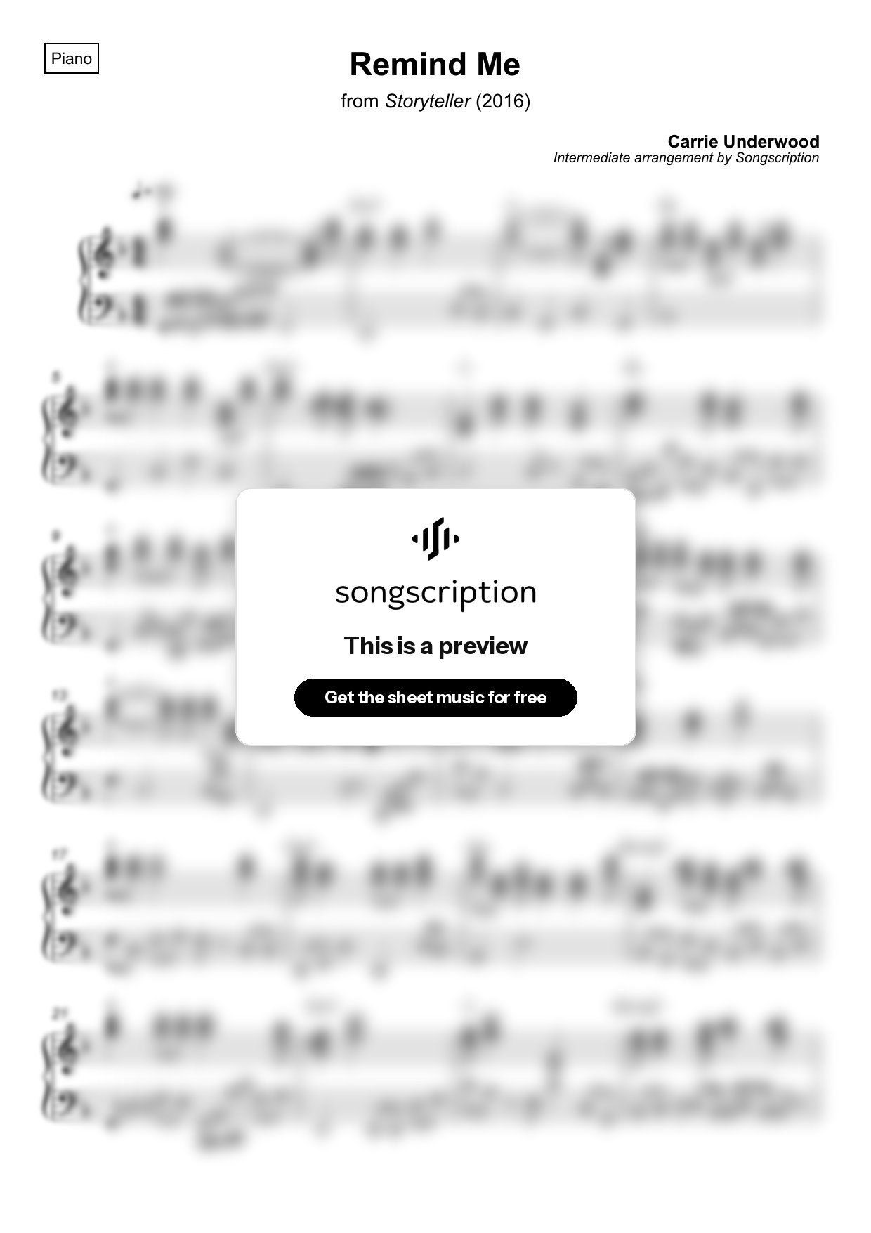 Intermediate Piano Sheet Music for "Remind Me" by Carrie Underwood
