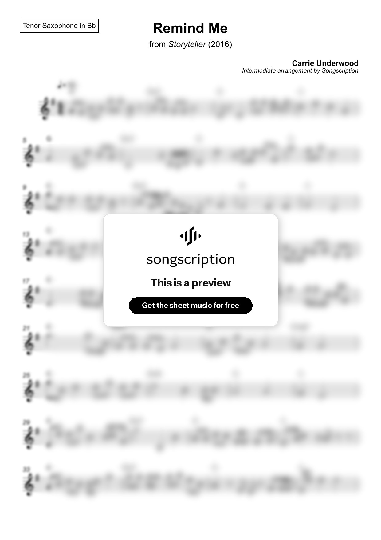 Intermediate Tenor Sax Sheet Music for "Remind Me" by Carrie Underwood