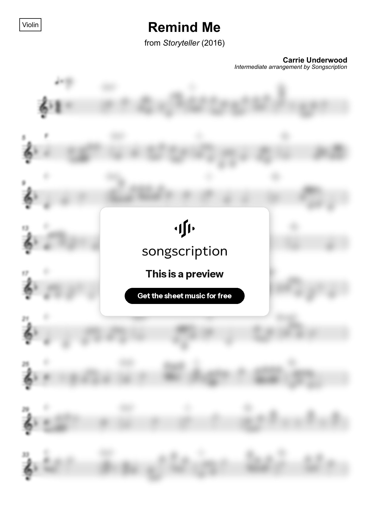 Intermediate Violin Sheet Music for "Remind Me" by Carrie Underwood