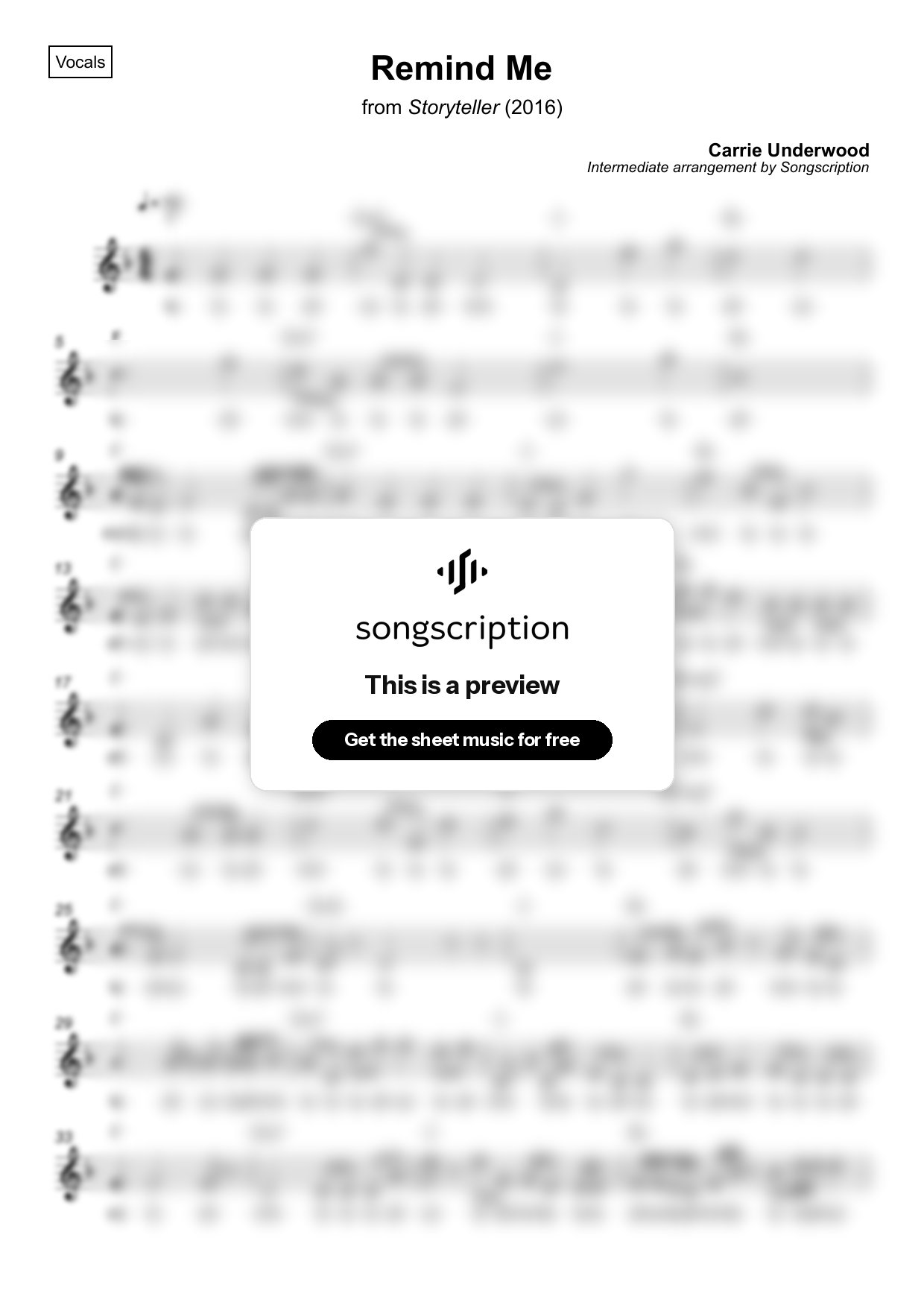 Intermediate Vocals Sheet Music for "Remind Me" by Carrie Underwood