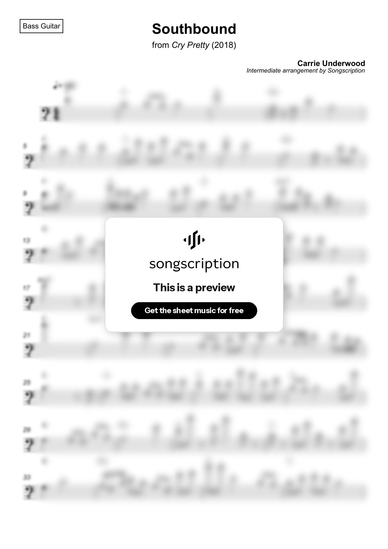 Intermediate Bass Guitar Sheet Music for "Southbound" by Carrie Underwood