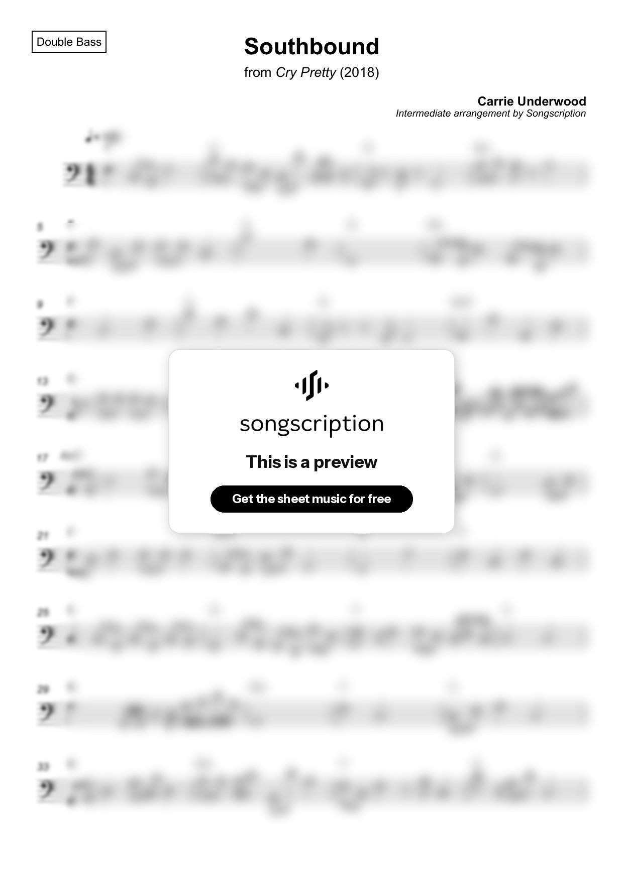 Intermediate Double Bass Sheet Music for "Southbound" by Carrie Underwood