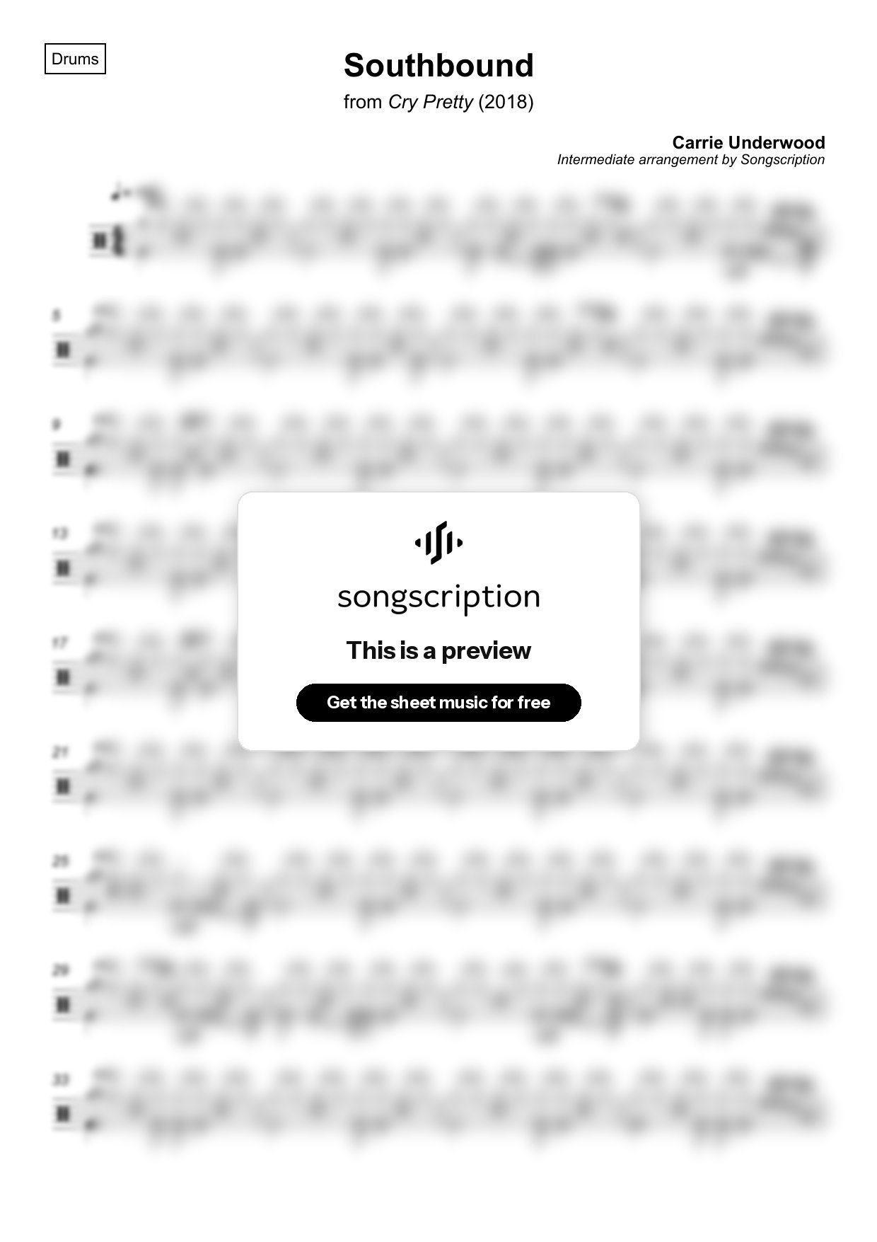 Intermediate Drums Sheet Music for "Southbound" by Carrie Underwood