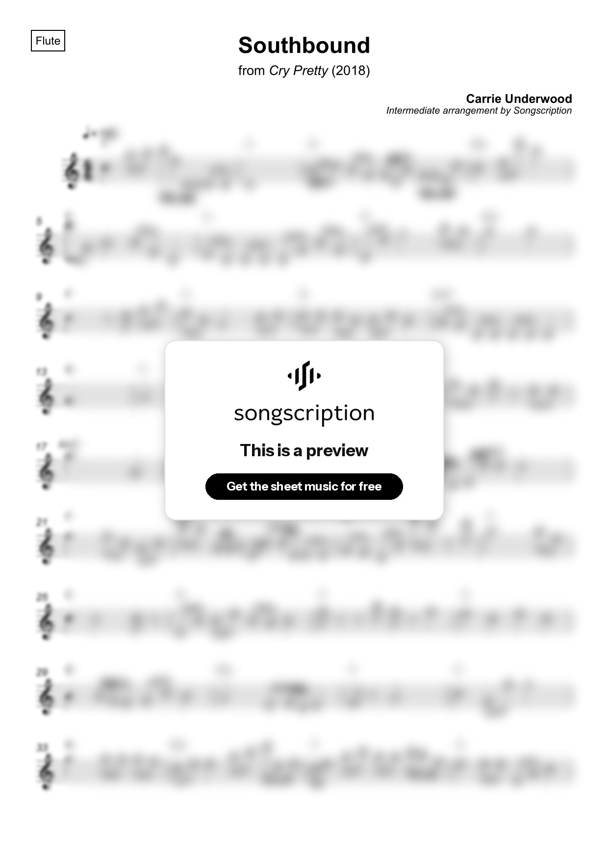 Intermediate Flute Sheet Music for "Southbound" by Carrie Underwood