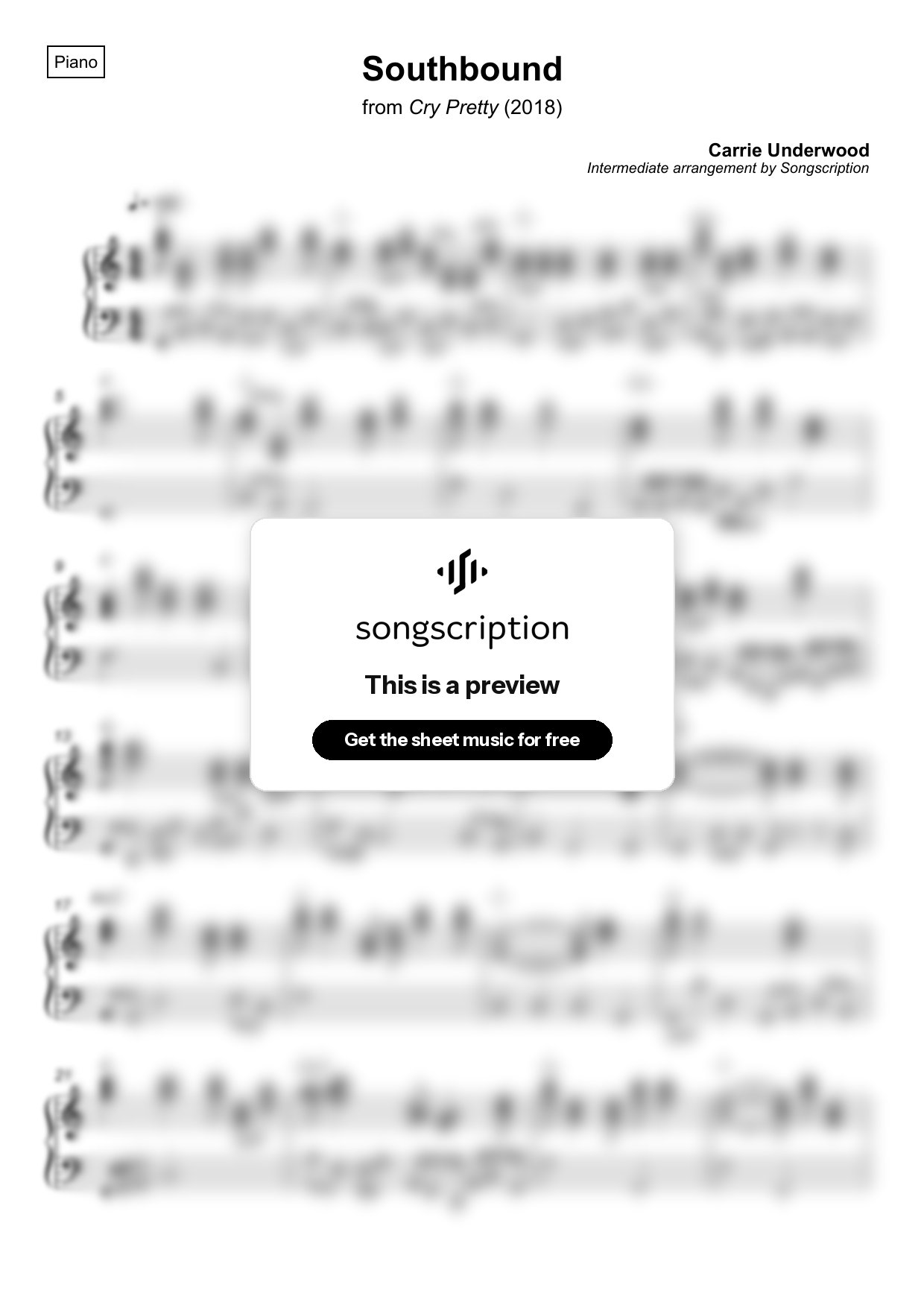 Intermediate Piano Sheet Music for "Southbound" by Carrie Underwood