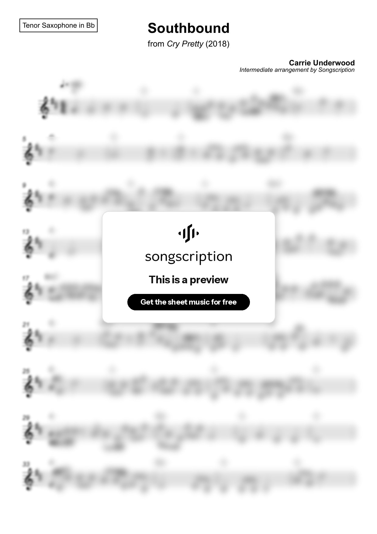 Intermediate Tenor Sax Sheet Music for "Southbound" by Carrie Underwood