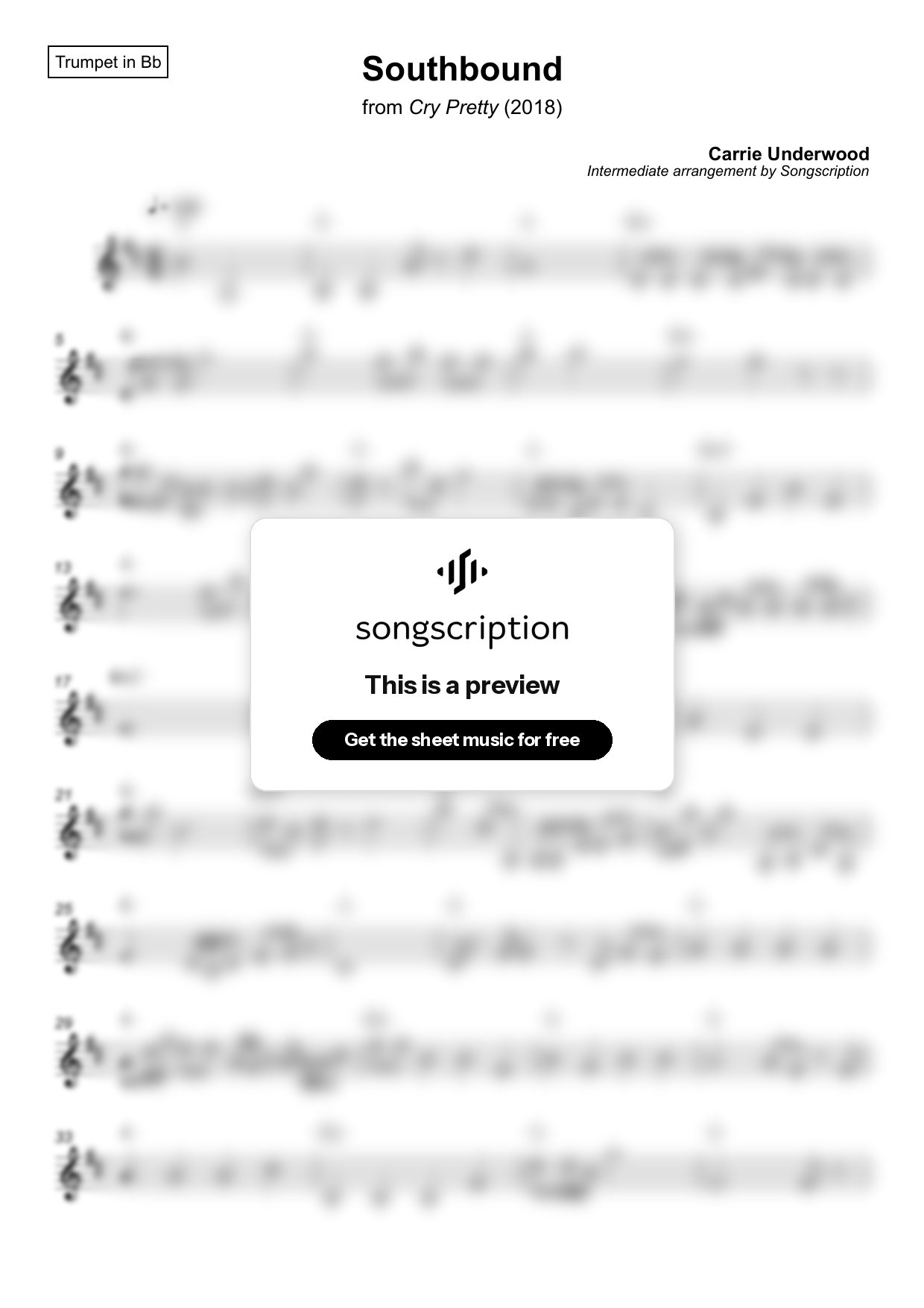 Intermediate Trumpet Sheet Music for "Southbound" by Carrie Underwood