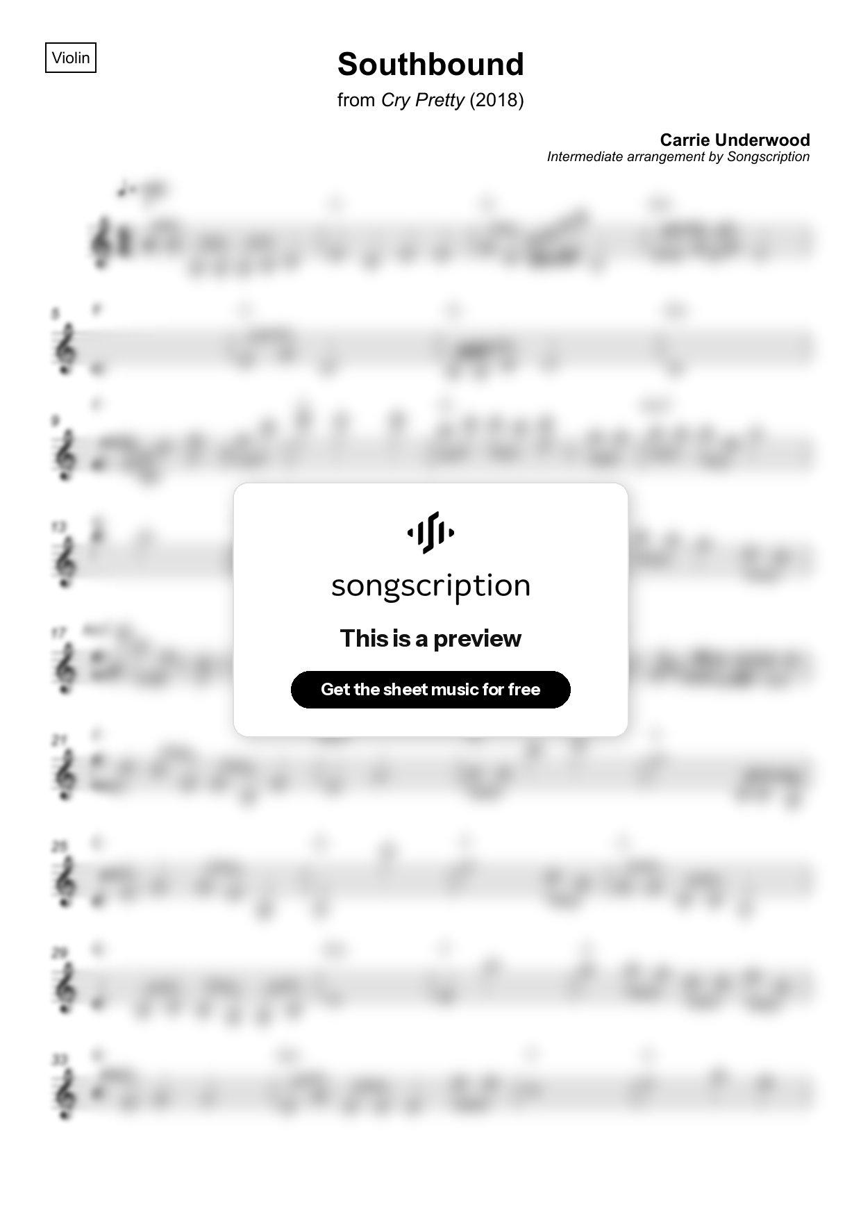 Intermediate Violin Sheet Music for "Southbound" by Carrie Underwood