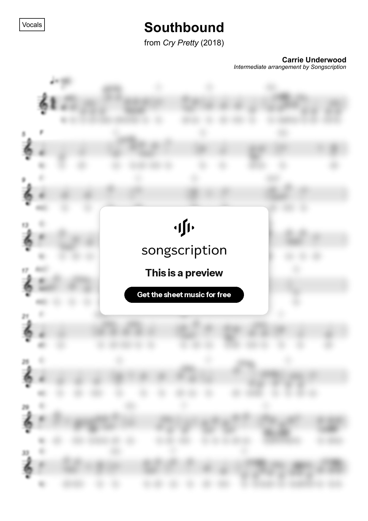 Intermediate Vocals Sheet Music for "Southbound" by Carrie Underwood