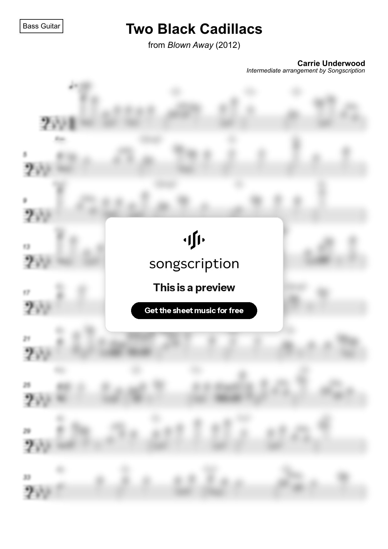 Intermediate Bass Guitar Sheet Music for "Two Black Cadillacs" by Carrie Underwood