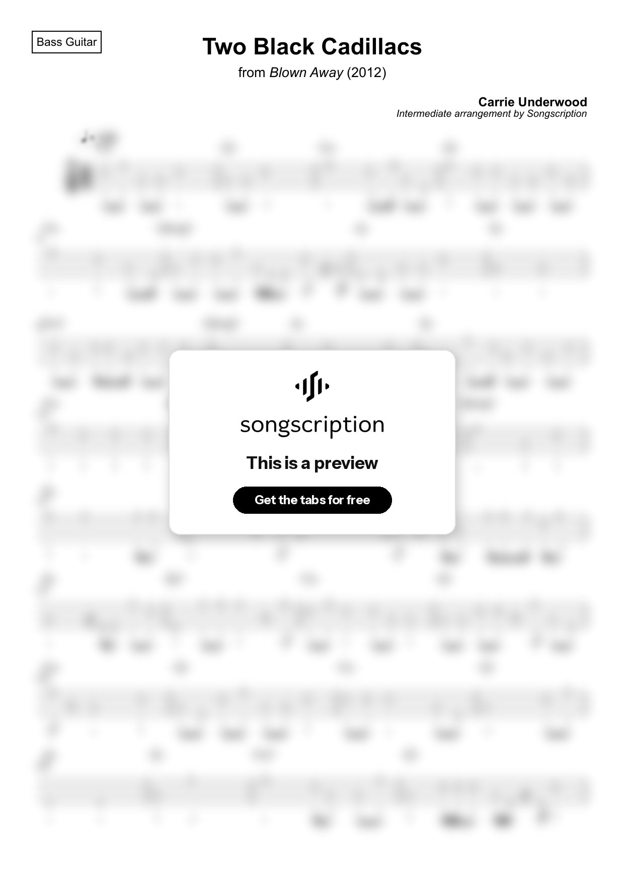 Intermediate Bass Guitar Tabs for "Two Black Cadillacs" by Carrie Underwood