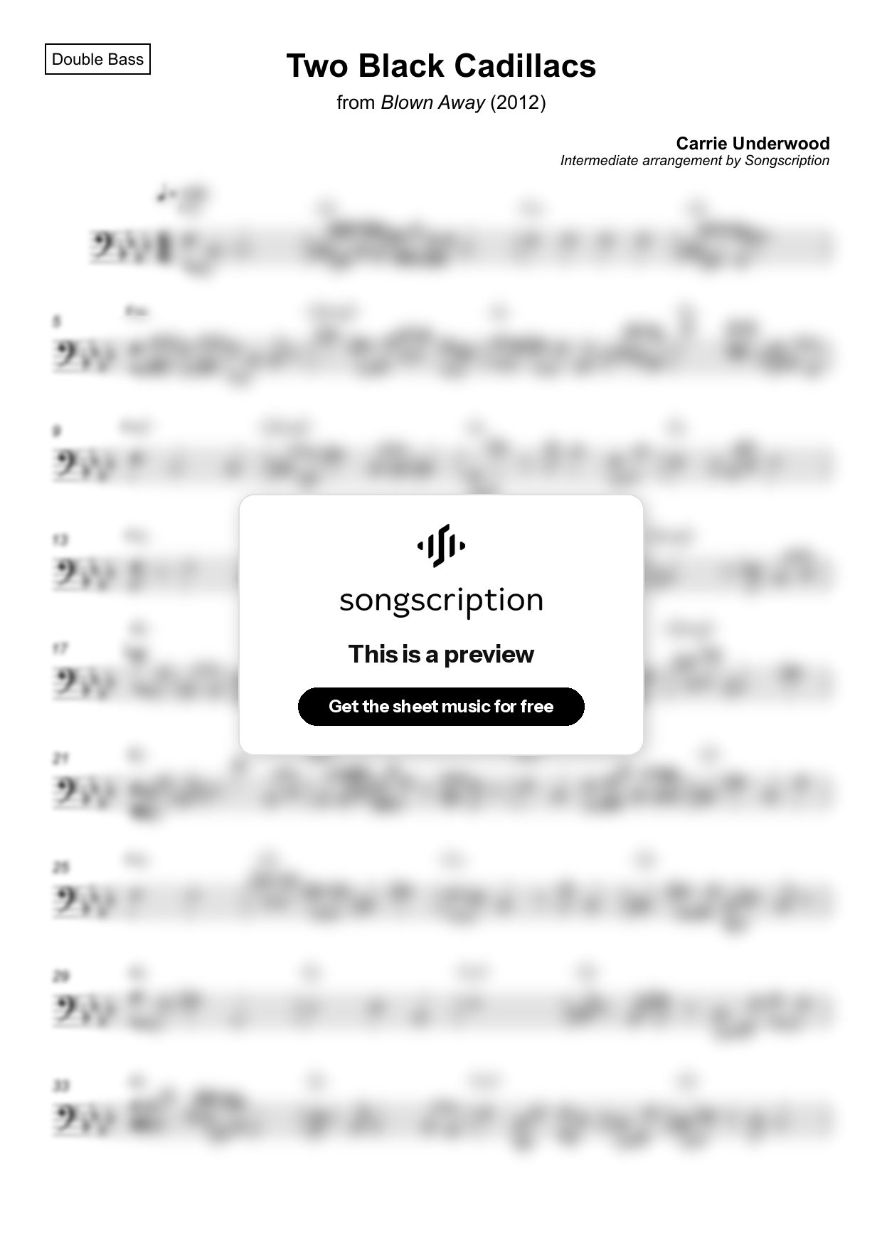 Intermediate Double Bass Sheet Music for "Two Black Cadillacs" by Carrie Underwood