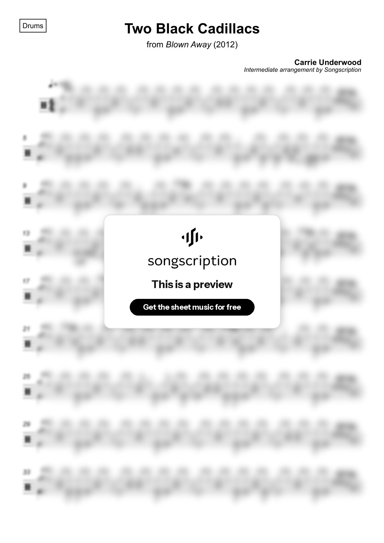 Intermediate Drums Sheet Music for "Two Black Cadillacs" by Carrie Underwood