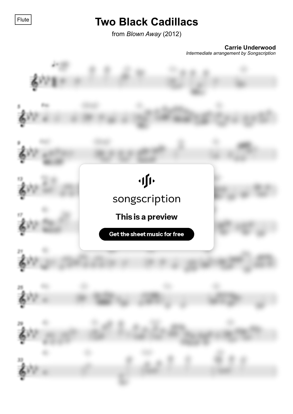 Intermediate Flute Sheet Music for "Two Black Cadillacs" by Carrie Underwood