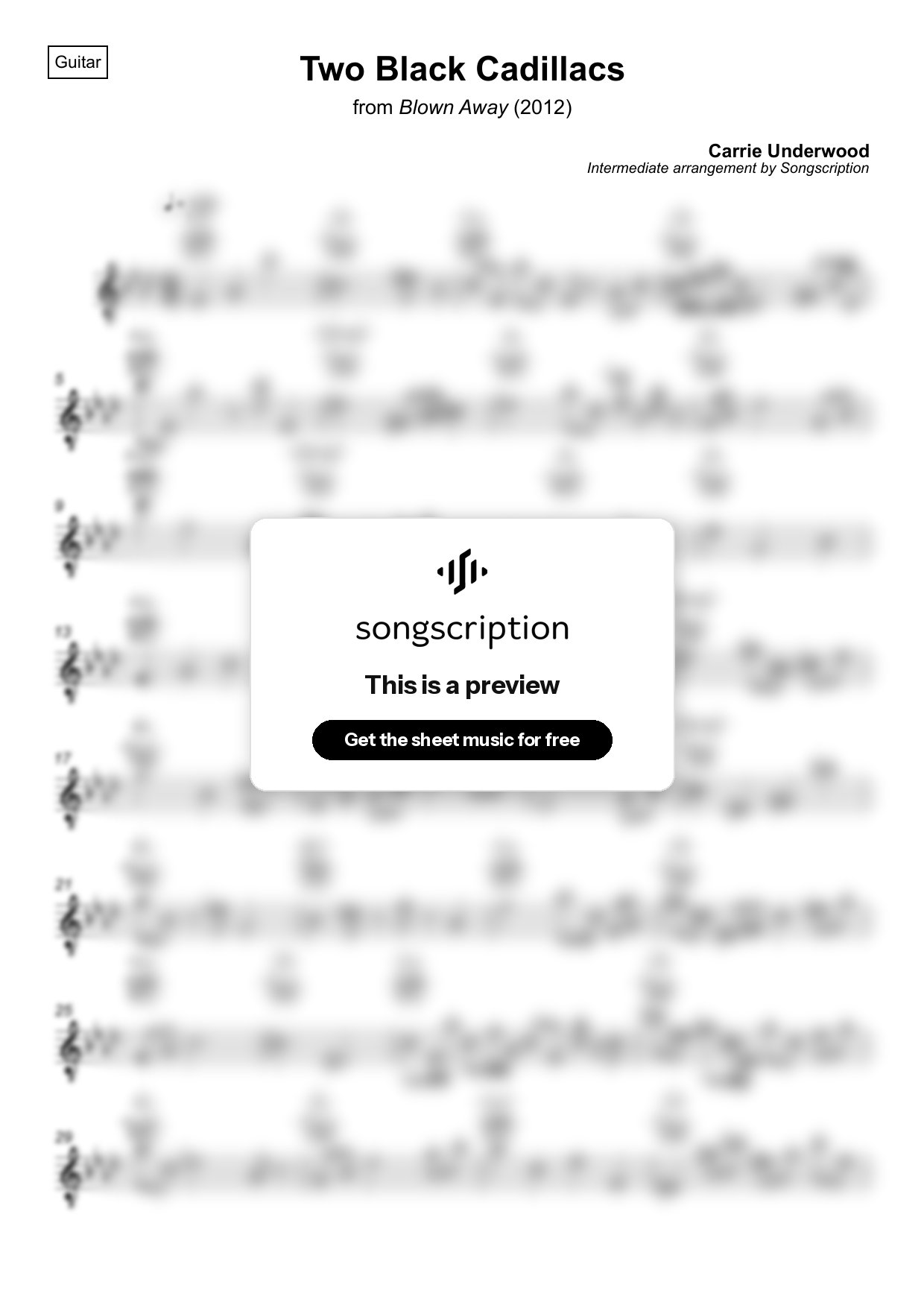 Intermediate Acoustic Guitar Sheet Music for "Two Black Cadillacs" by Carrie Underwood