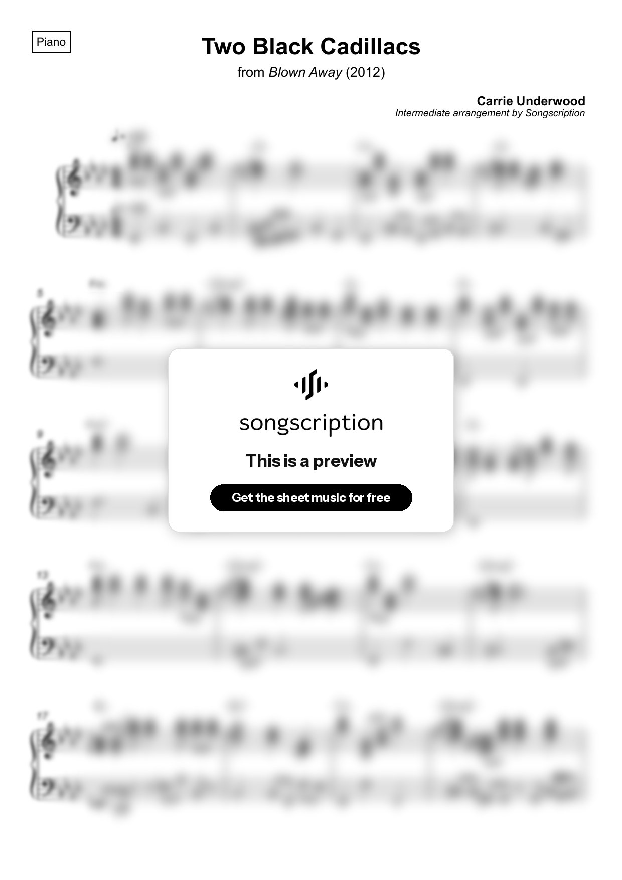 Intermediate Piano Sheet Music for "Two Black Cadillacs" by Carrie Underwood
