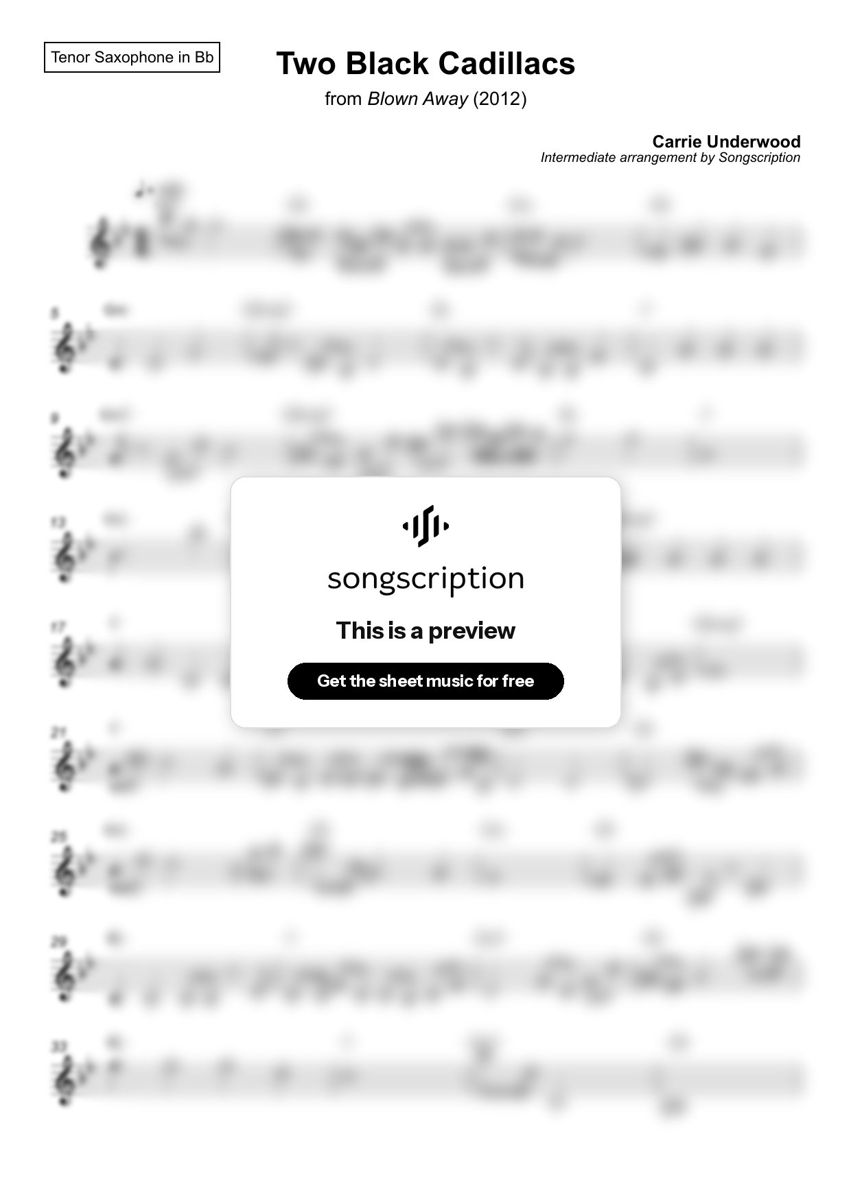 Intermediate Tenor Sax Sheet Music for "Two Black Cadillacs" by Carrie Underwood