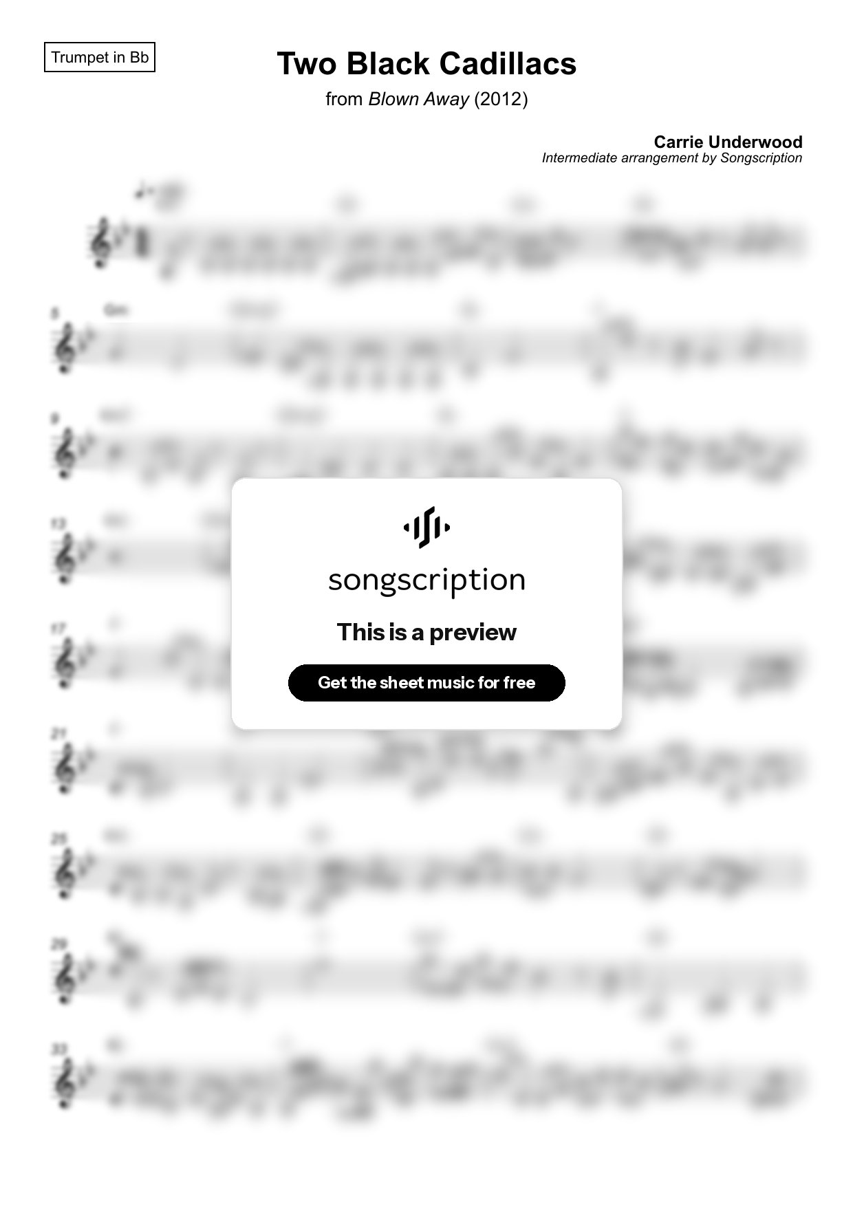 Intermediate Trumpet Sheet Music for "Two Black Cadillacs" by Carrie Underwood