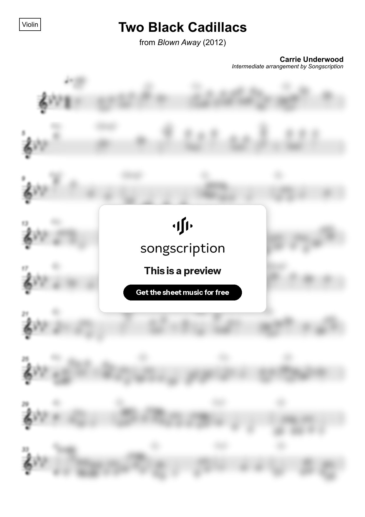Intermediate Violin Sheet Music for "Two Black Cadillacs" by Carrie Underwood