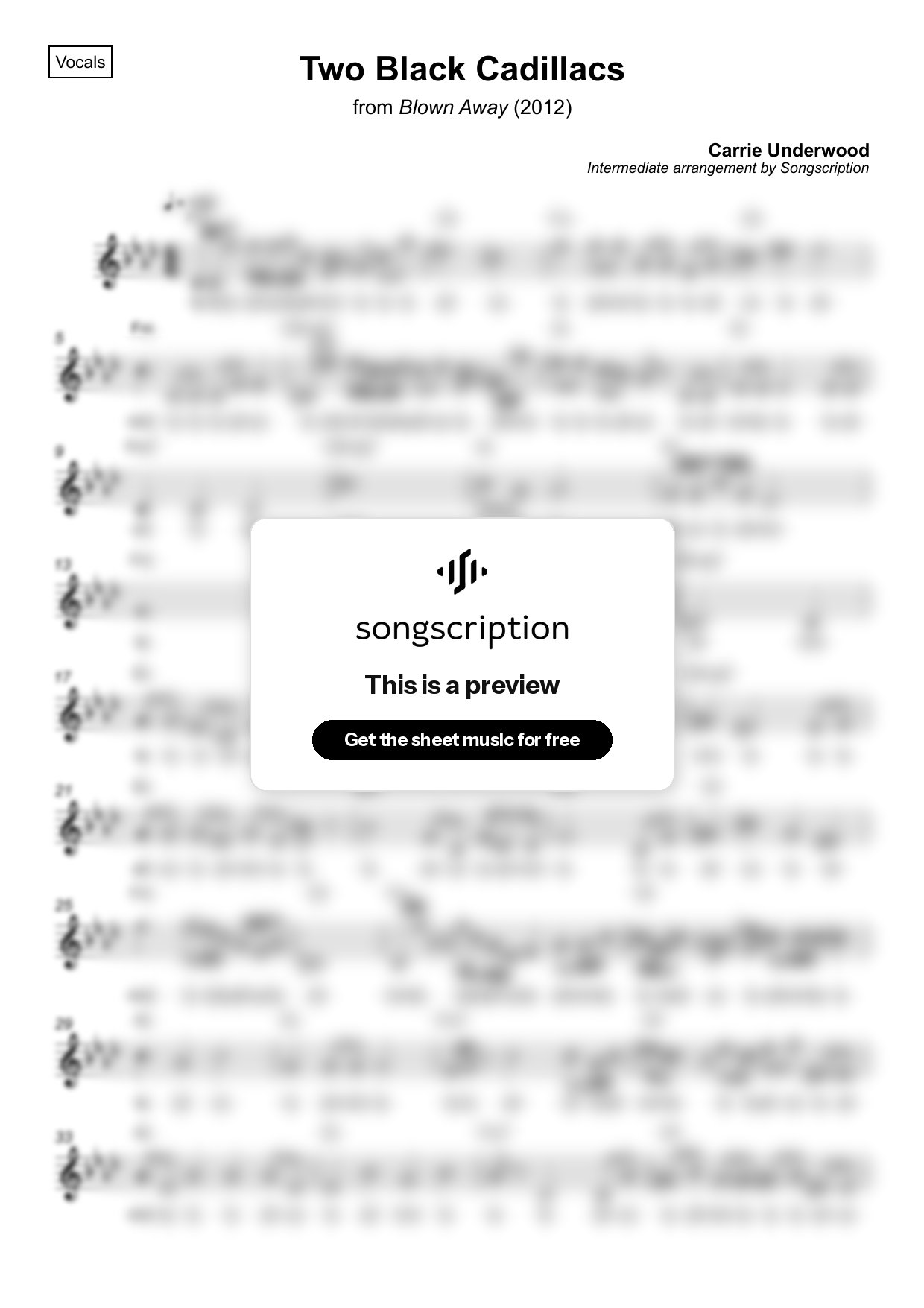 Intermediate Vocals Sheet Music for "Two Black Cadillacs" by Carrie Underwood