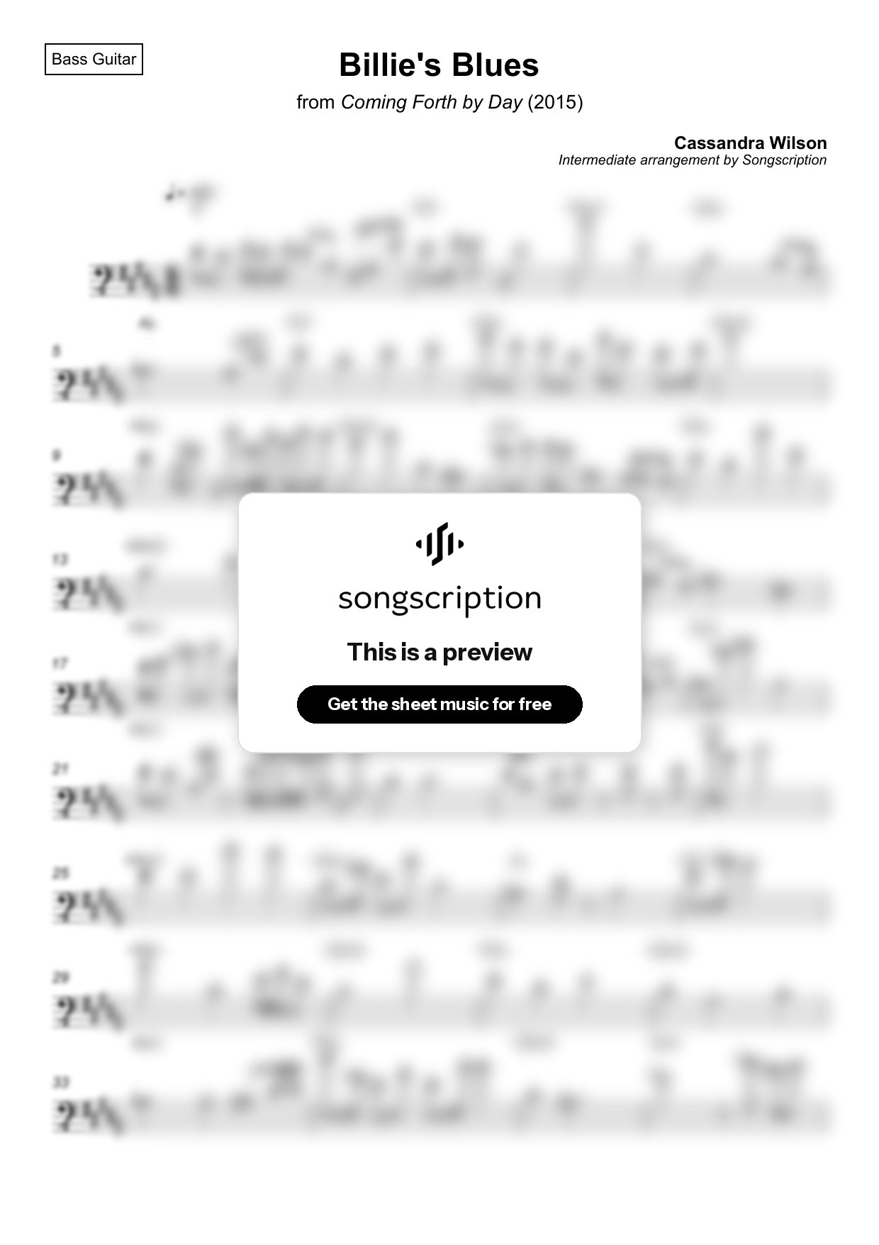 Intermediate Bass Guitar Sheet Music for "Billie's Blues" by Cassandra Wilson
