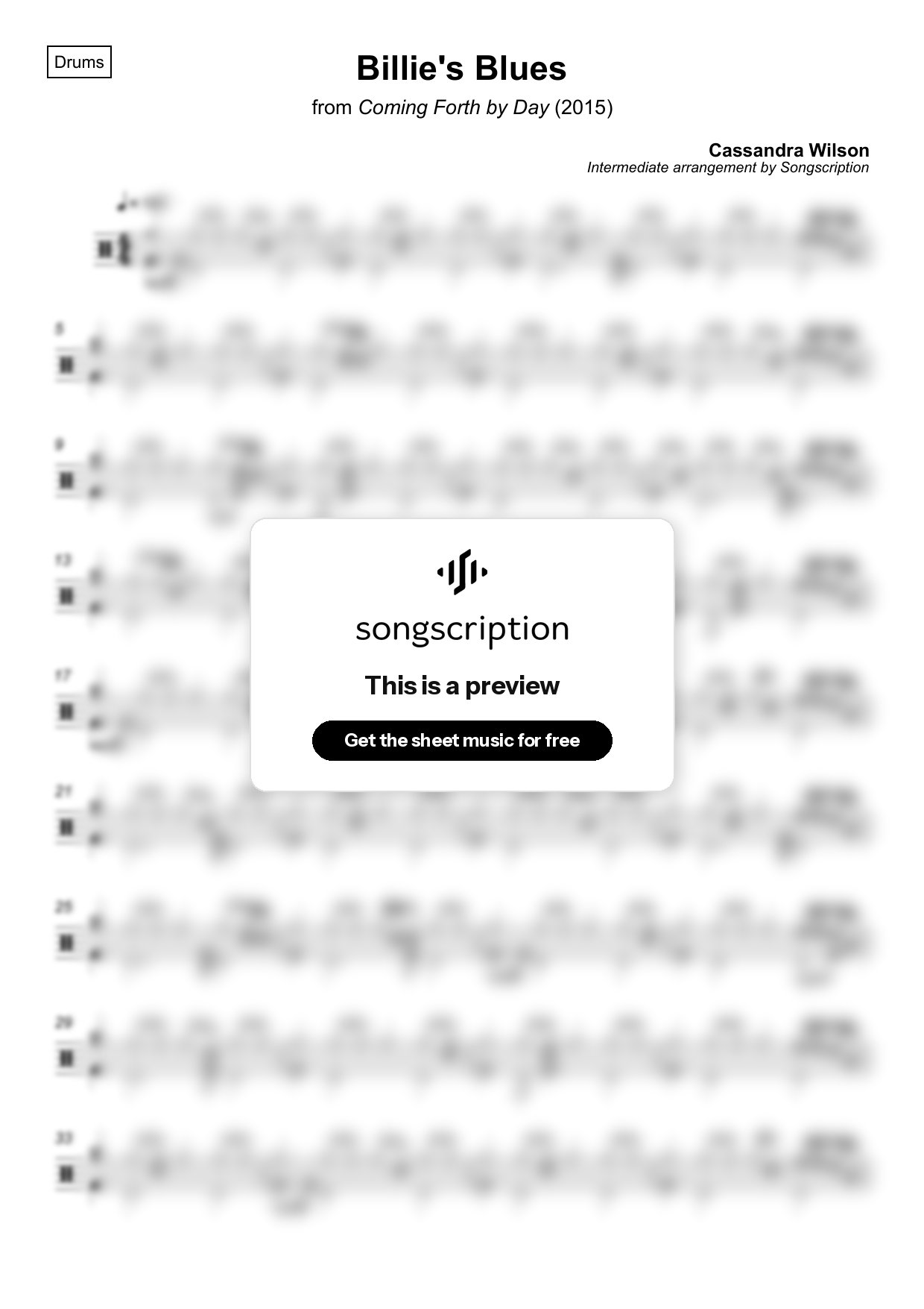 Intermediate Drums Sheet Music for "Billie's Blues" by Cassandra Wilson