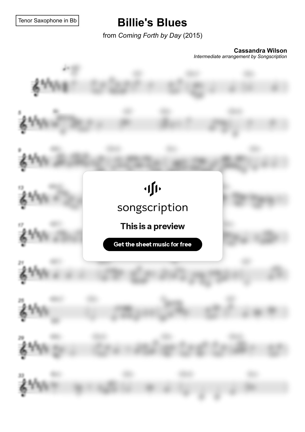 Intermediate Tenor Sax Sheet Music for "Billie's Blues" by Cassandra Wilson