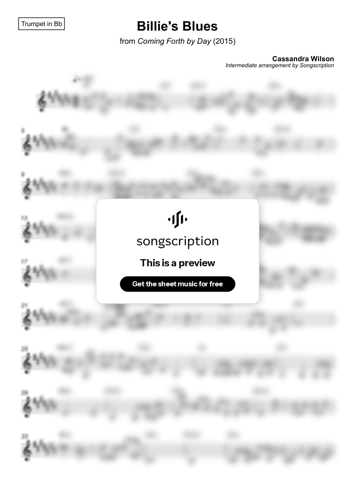 Intermediate Trumpet Sheet Music for "Billie's Blues" by Cassandra Wilson
