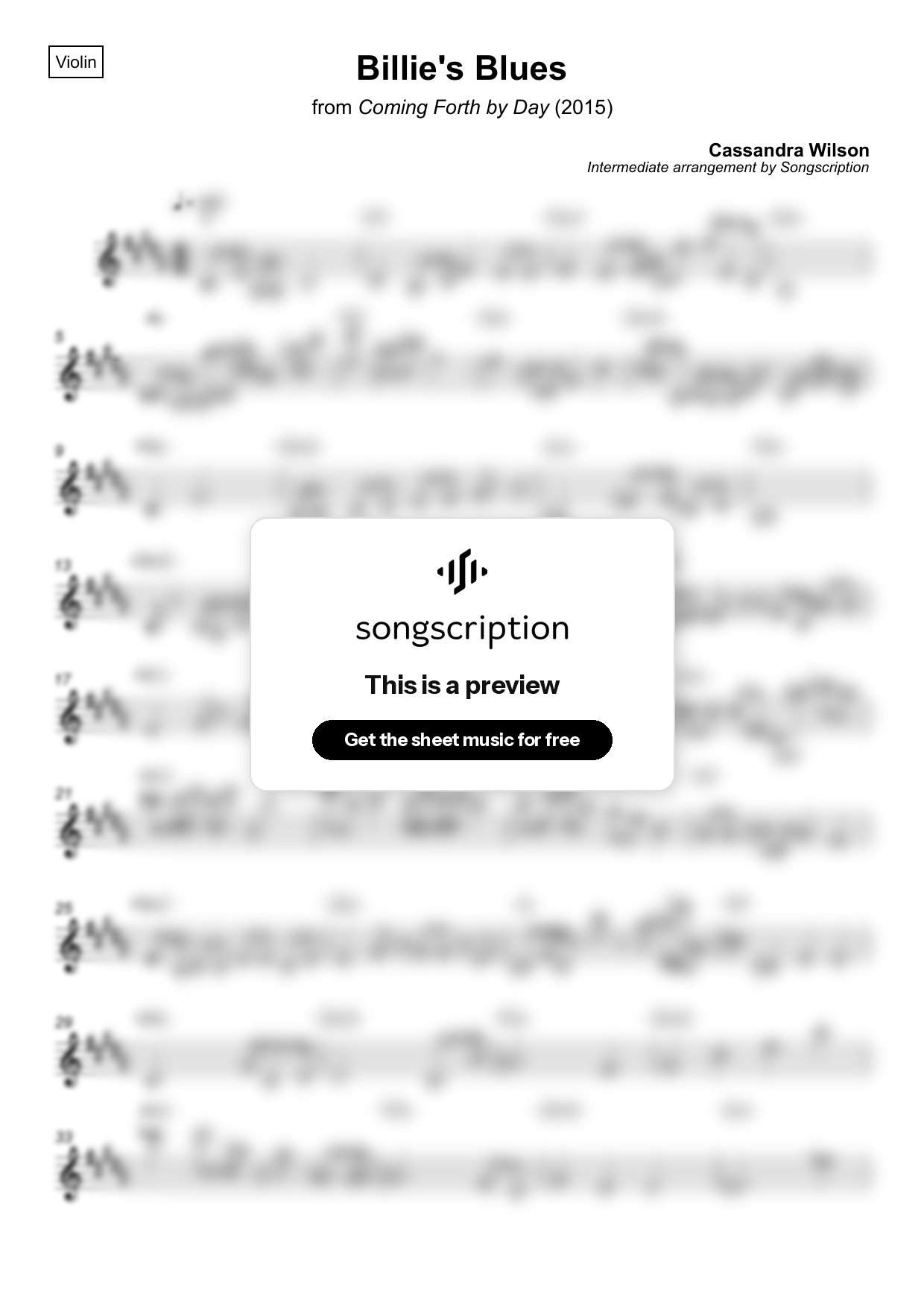 Intermediate Violin Sheet Music for "Billie's Blues" by Cassandra Wilson