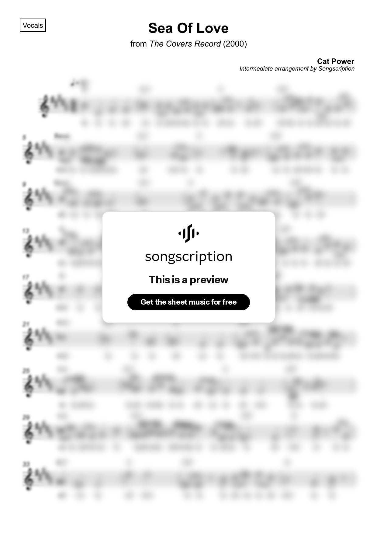 Intermediate Vocals Sheet Music for "Sea Of Love" by Cat Power