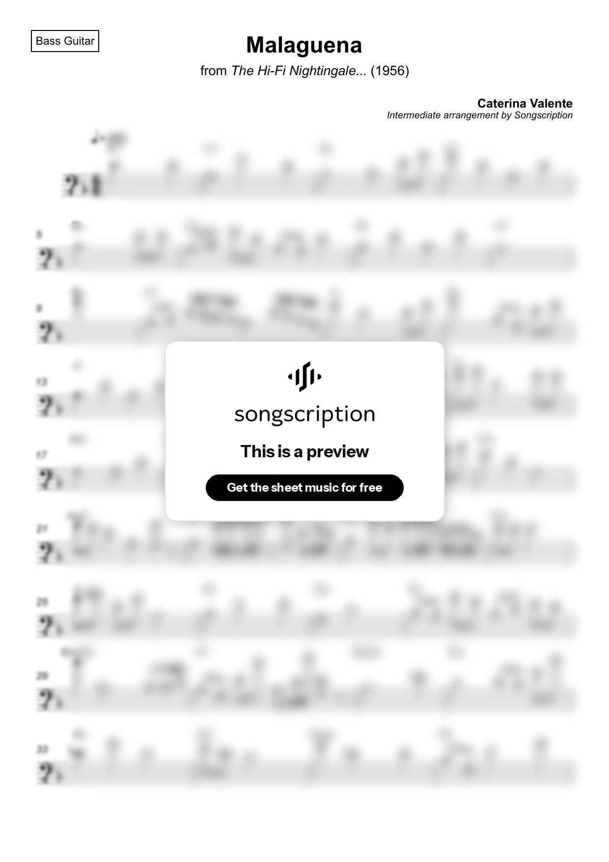 Intermediate Bass Guitar Sheet Music for "Malaguena" by Caterina Valente