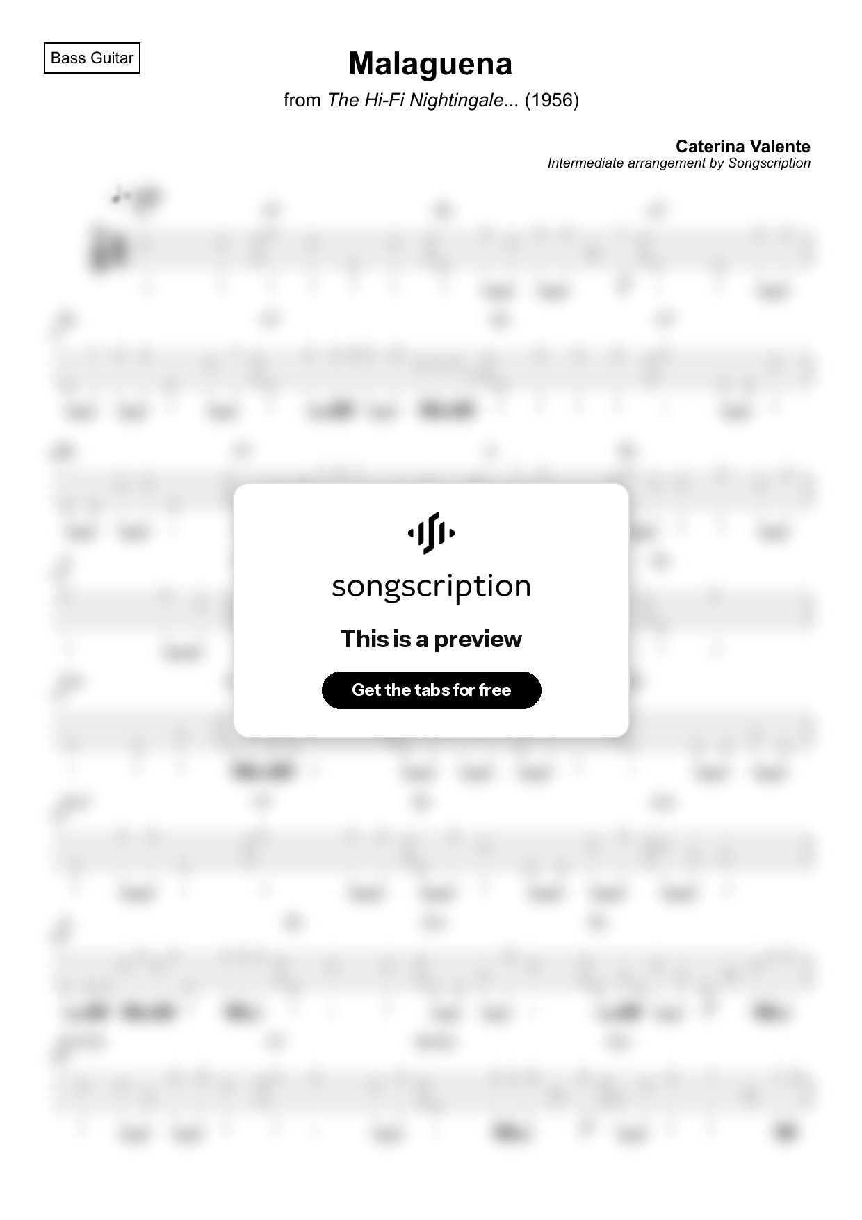 Intermediate Bass Guitar Tabs for "Malaguena" by Caterina Valente
