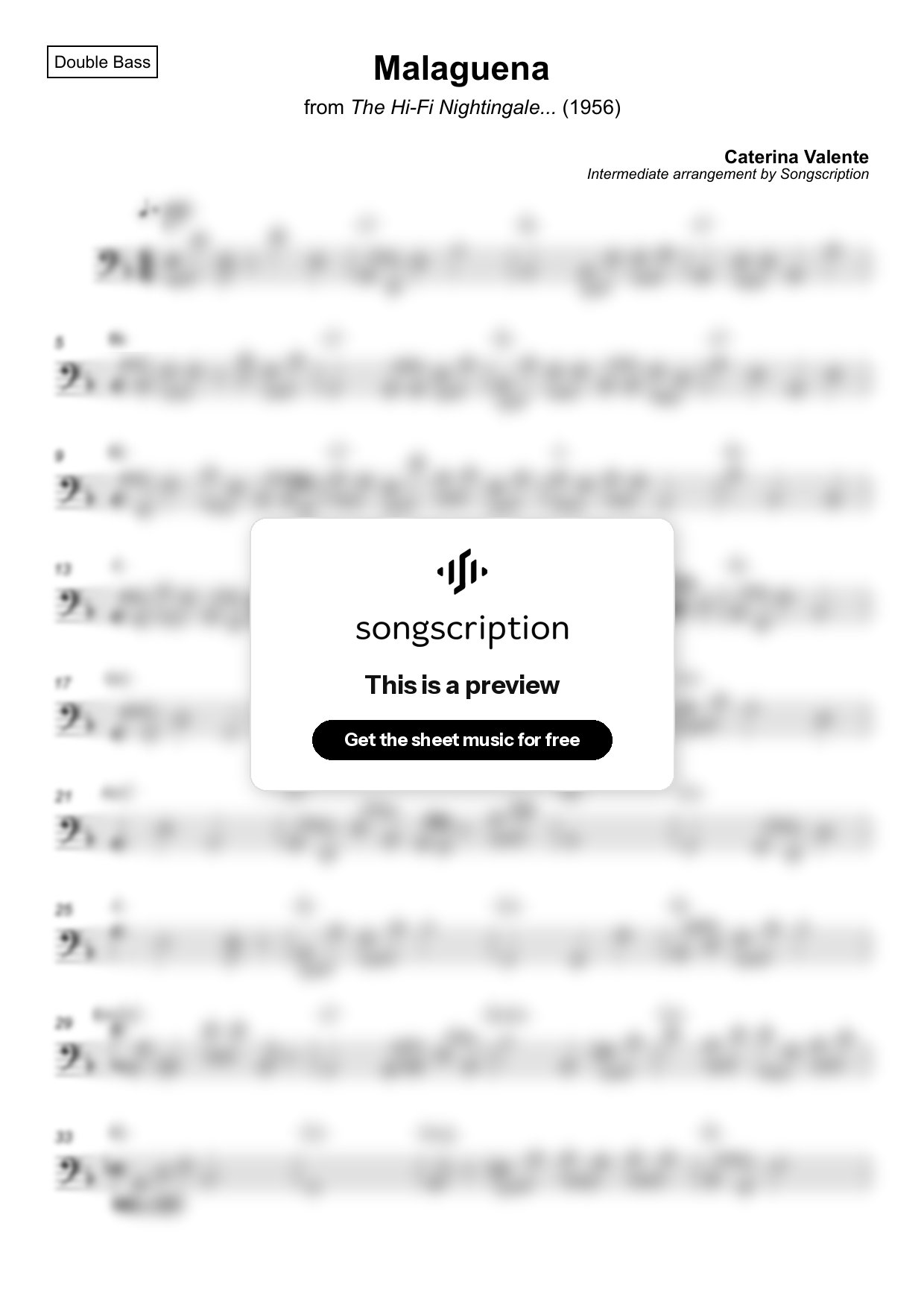 Intermediate Double Bass Sheet Music for "Malaguena" by Caterina Valente