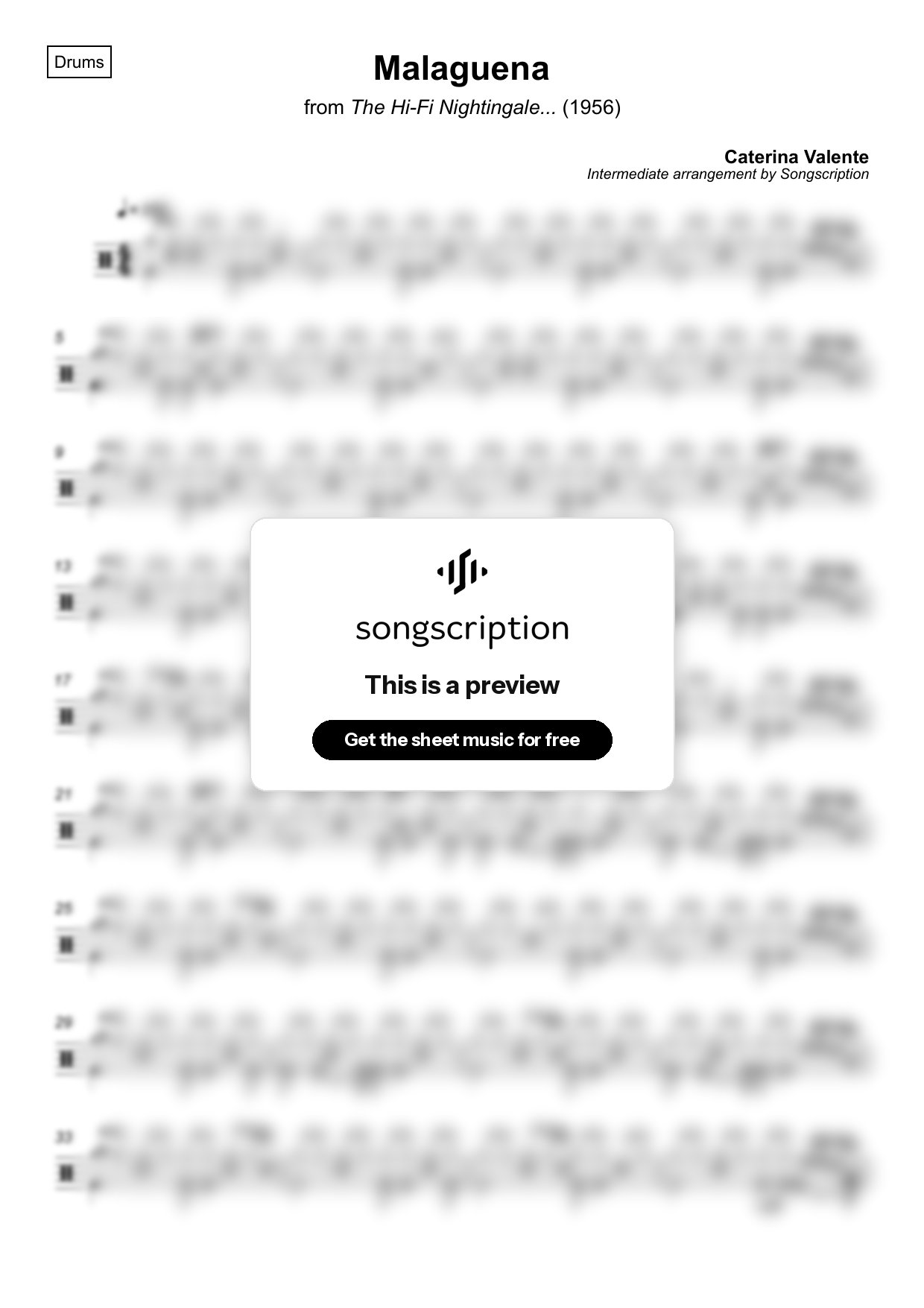 Intermediate Drums Sheet Music for "Malaguena" by Caterina Valente
