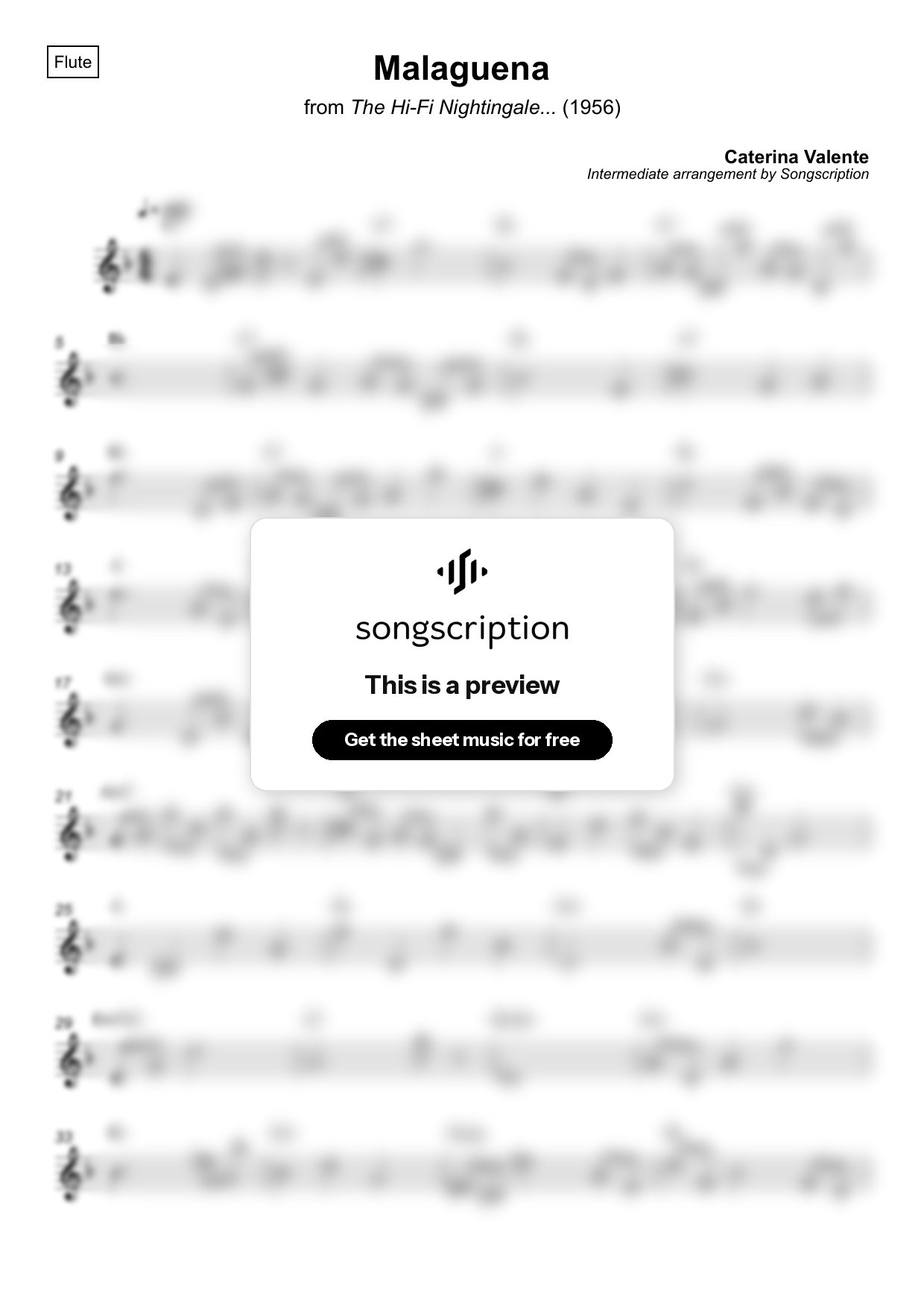 Intermediate Flute Sheet Music for "Malaguena" by Caterina Valente