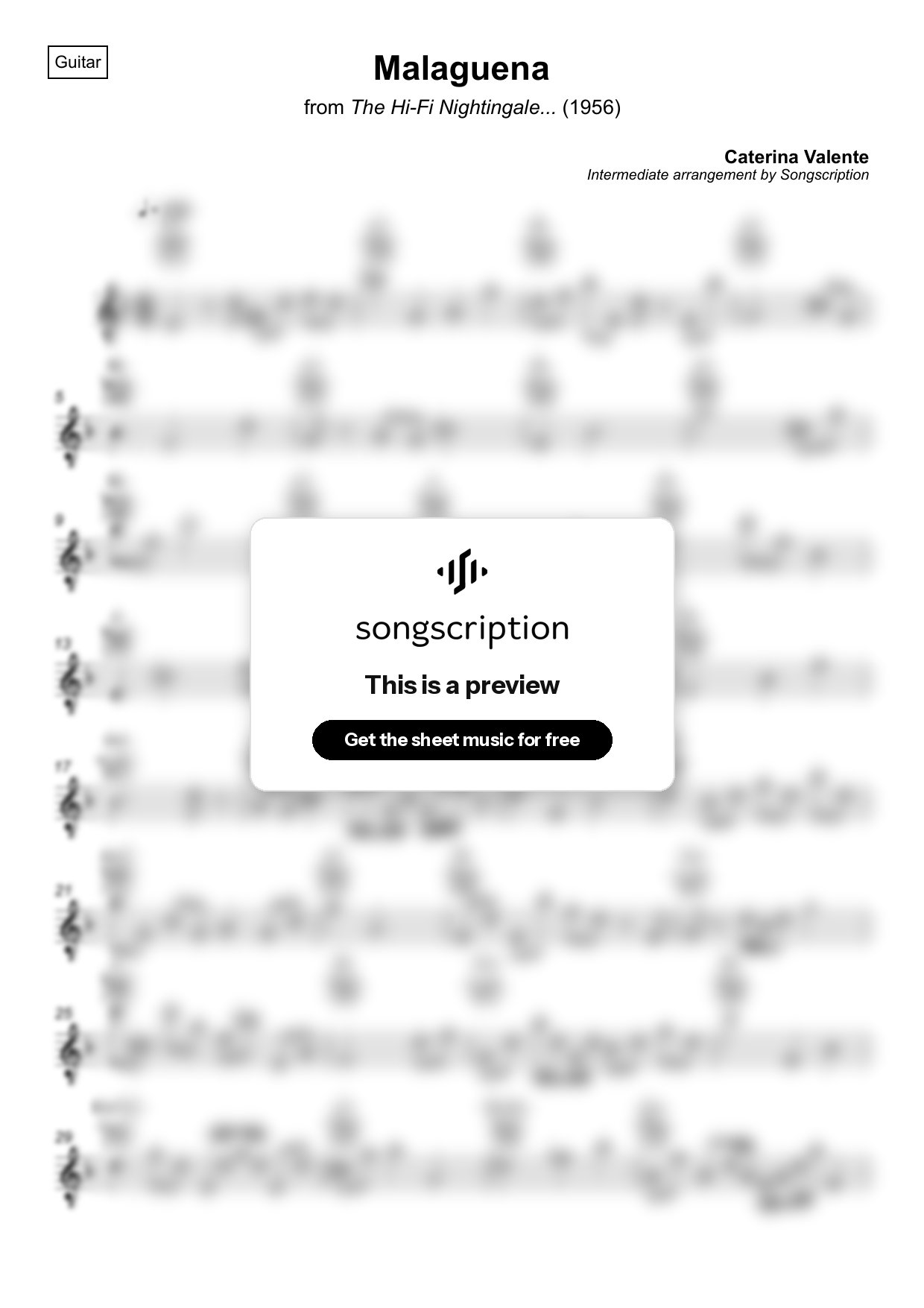 Intermediate Acoustic Guitar Sheet Music for "Malaguena" by Caterina Valente